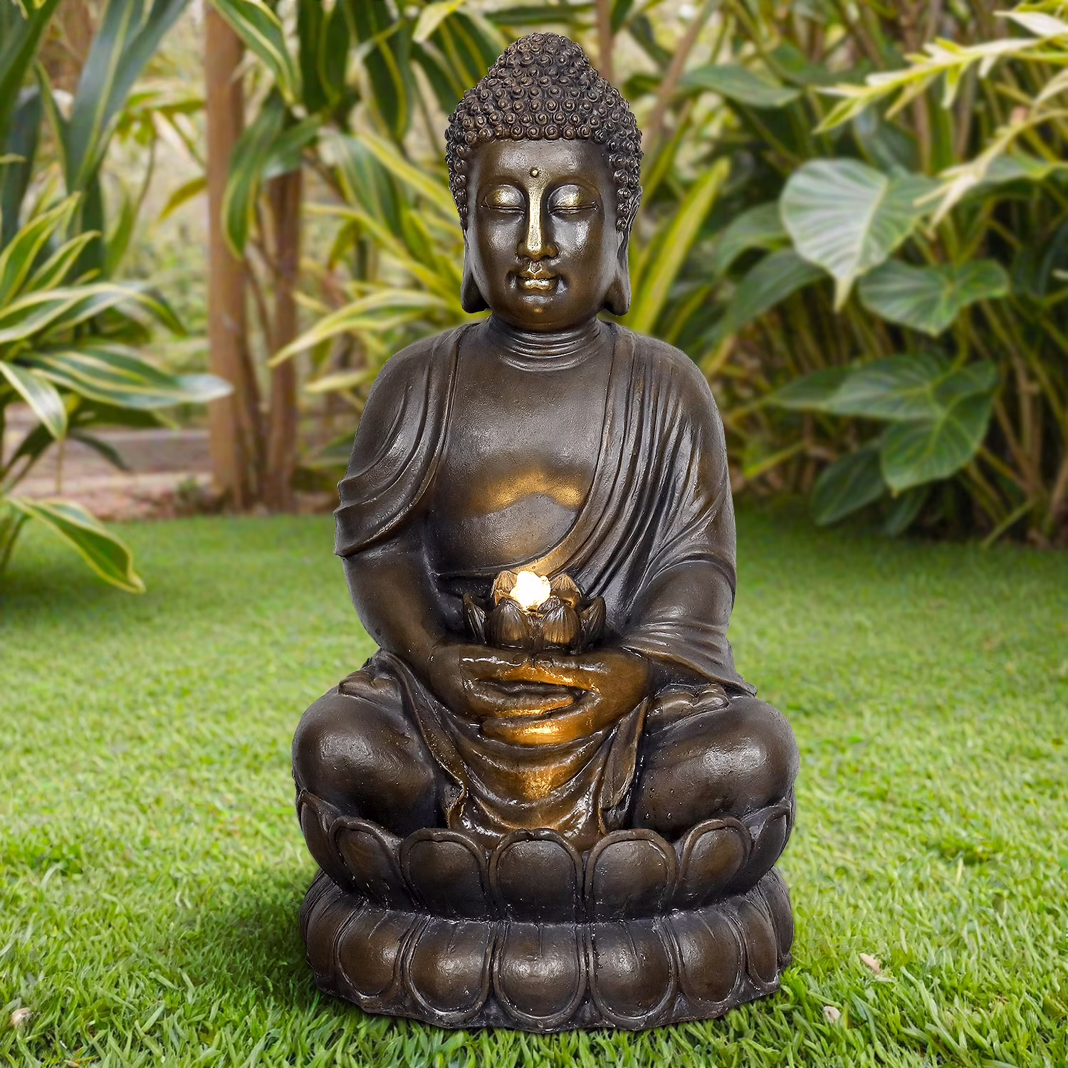 33 H Buddha Outdoor Water Fountain with LED Lights and Pump,Zen Style Relaxing Garden Fountain Waterfall for Patio, Porch and Yard Decor