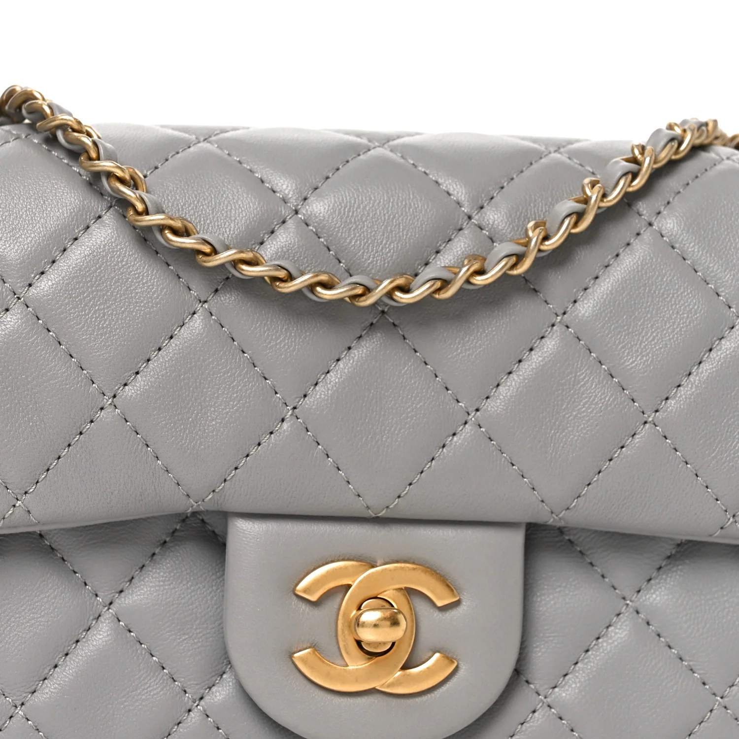 Lambskin Quilted Mini Rectangular Pearl Crush Flap Grey