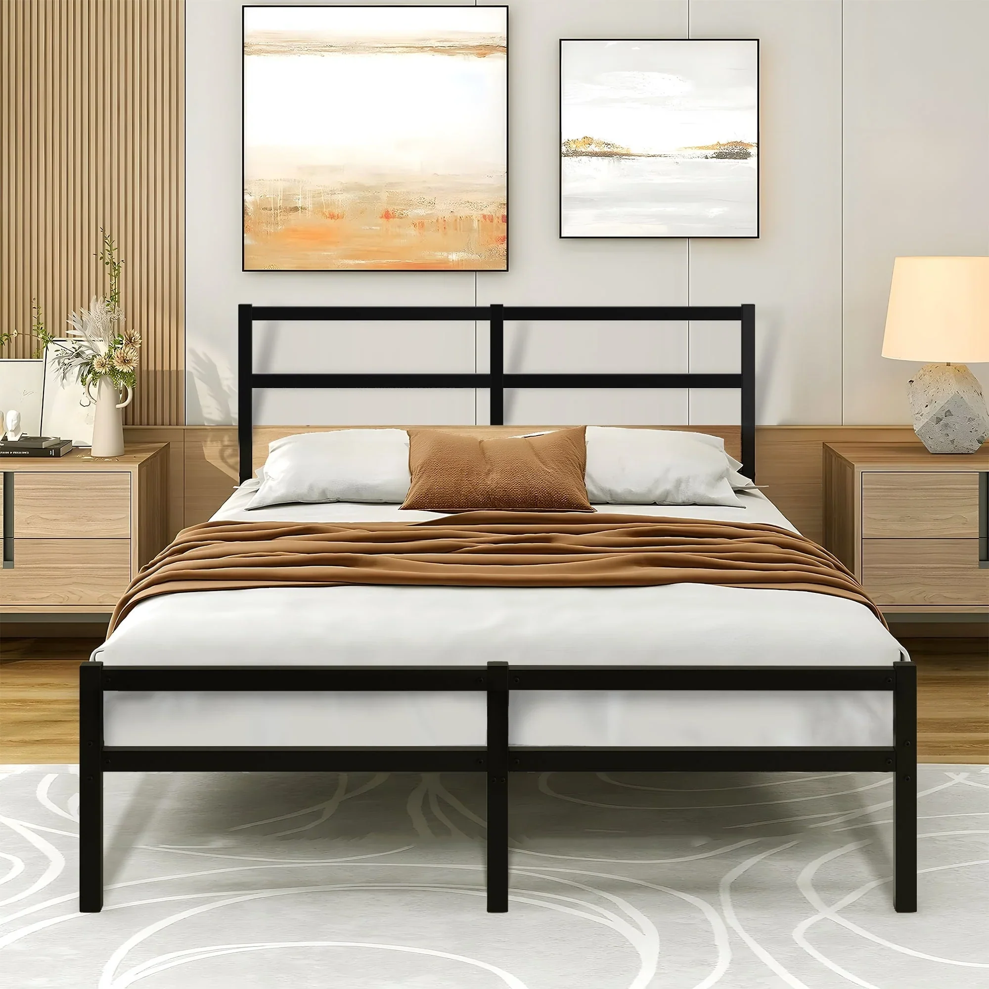 Sesslife Heavy Duty Full Size Metal Platform Bed Frame, Black Platform Bed with Vintage Headboard and Footboard, Sturdy Steel Slat Support, Iron Bed Frame for Bedroom