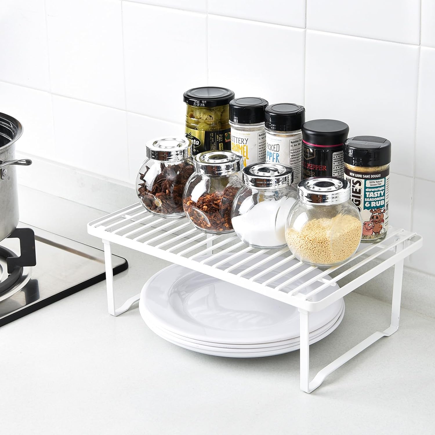 Amazon Basics Space-Saving Stackable Metal Kitchen Cabinet Organizer Shelves for Dishes, Pantry Organization, 12.5