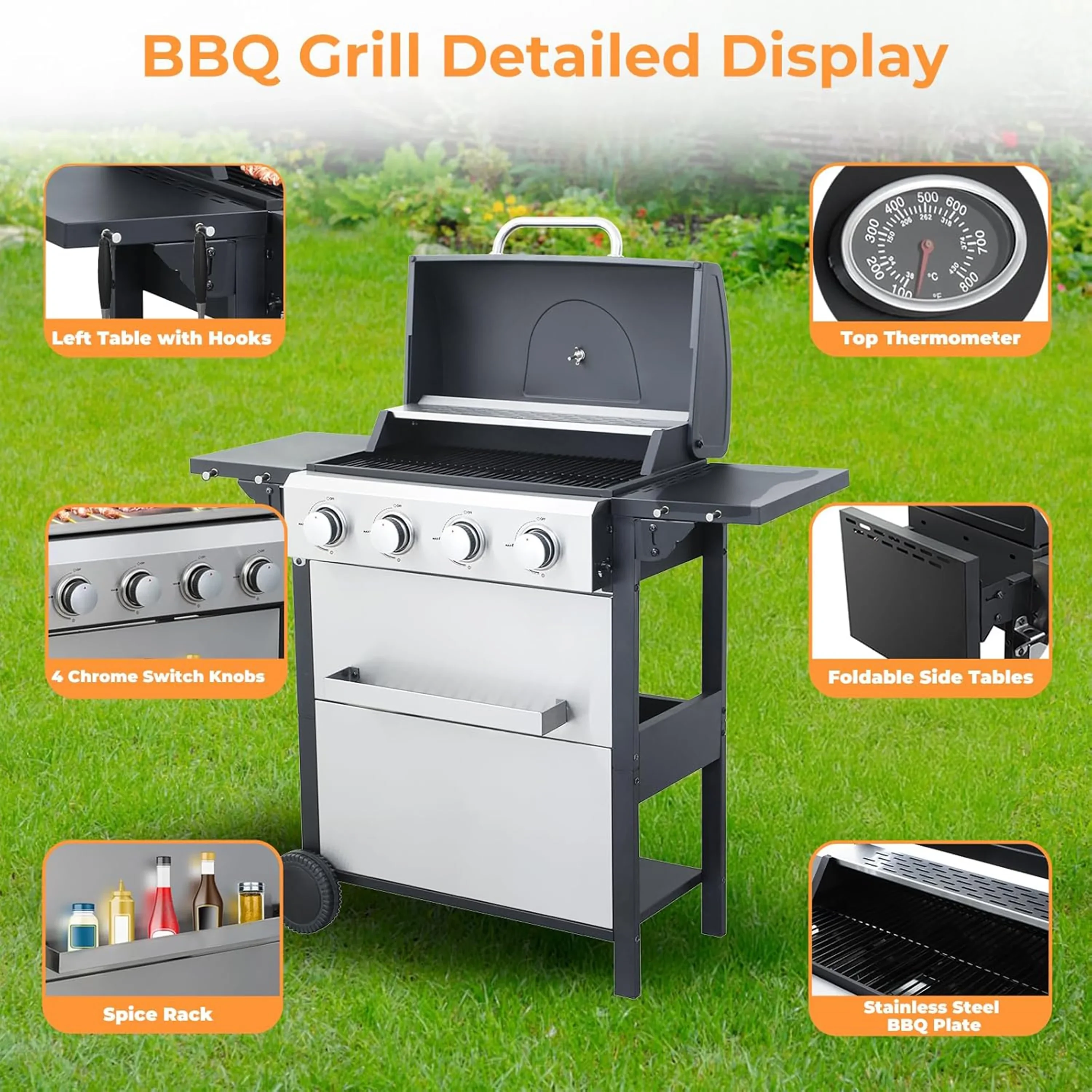 Furnibear 4 Burner BBQ Propane Gas Grill, Stainless Steel 34,000 BTU Patio Garden Barbecue Grill with Two Foldable Shelves