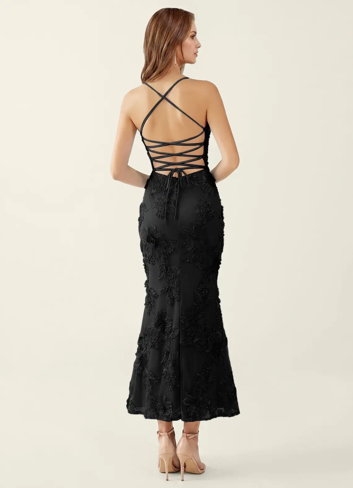 Floriane Black 3D Flowers Corset Mermaid Lace Up Back Maxi Dress