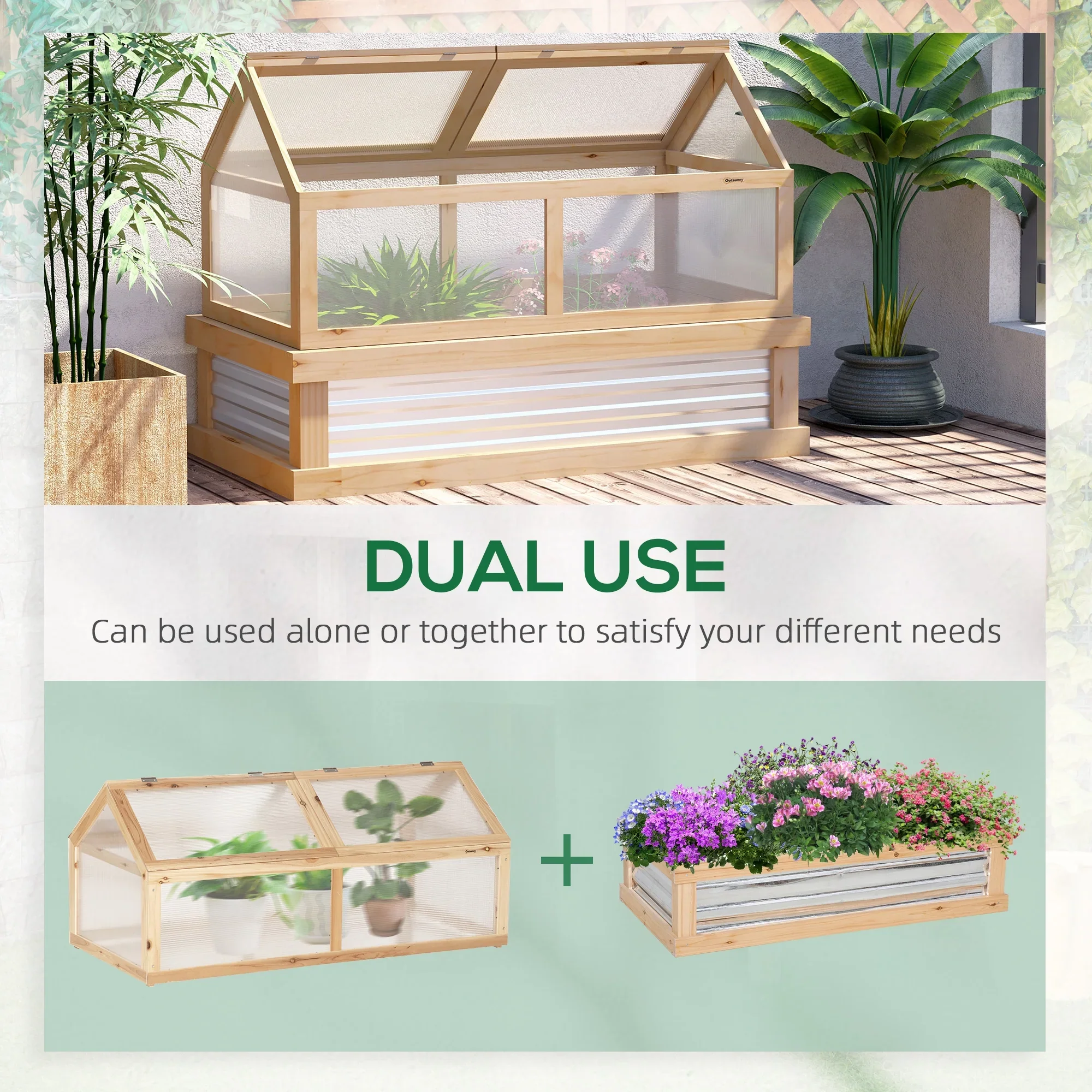 Outsunny Raised Garden Bed with Polycarbonate Greenhouse, Wooden Garden Cold Frame Greenhouse, Flower Planter Protection, 48 x 24 x 32, Natural