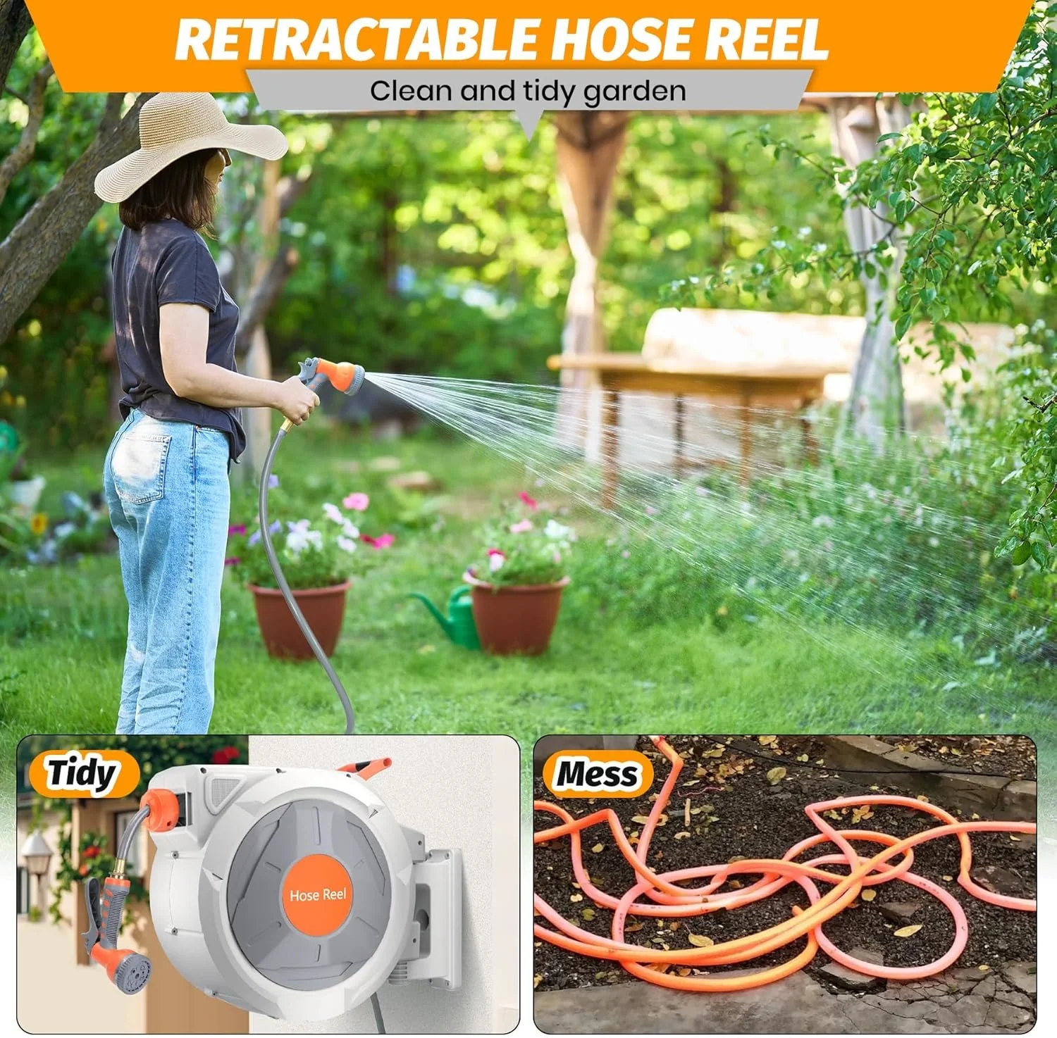 Auto-Retract Wall-Mounted Garden Hose Reel w/9-Pattern Nozzle, 180�� Swivel & Any-Length Lock, 600PSI Durable