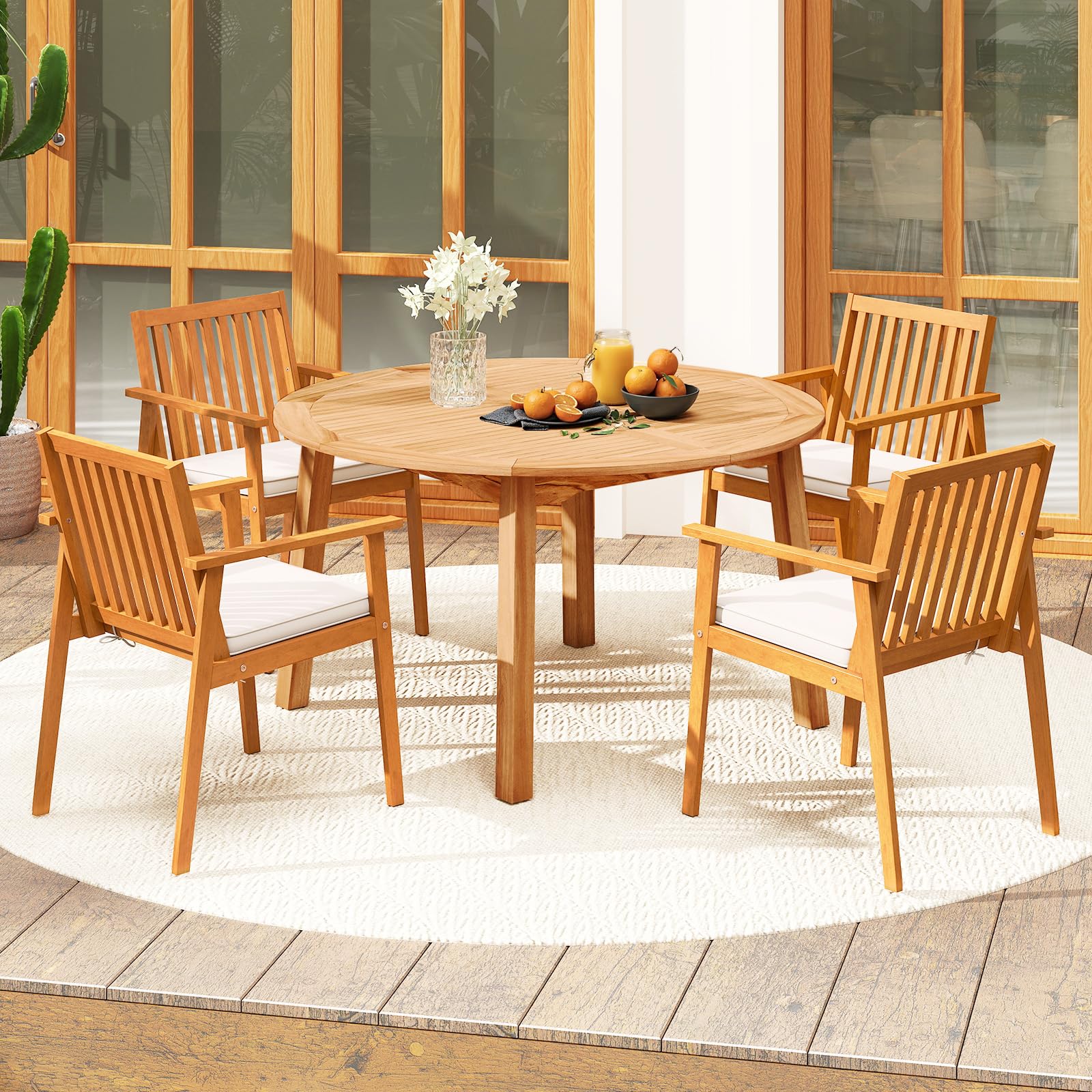 Tangkula 5 Pieces Outdoor Acacia Table and Chairs with Umbrella Hole and Soft Cushions