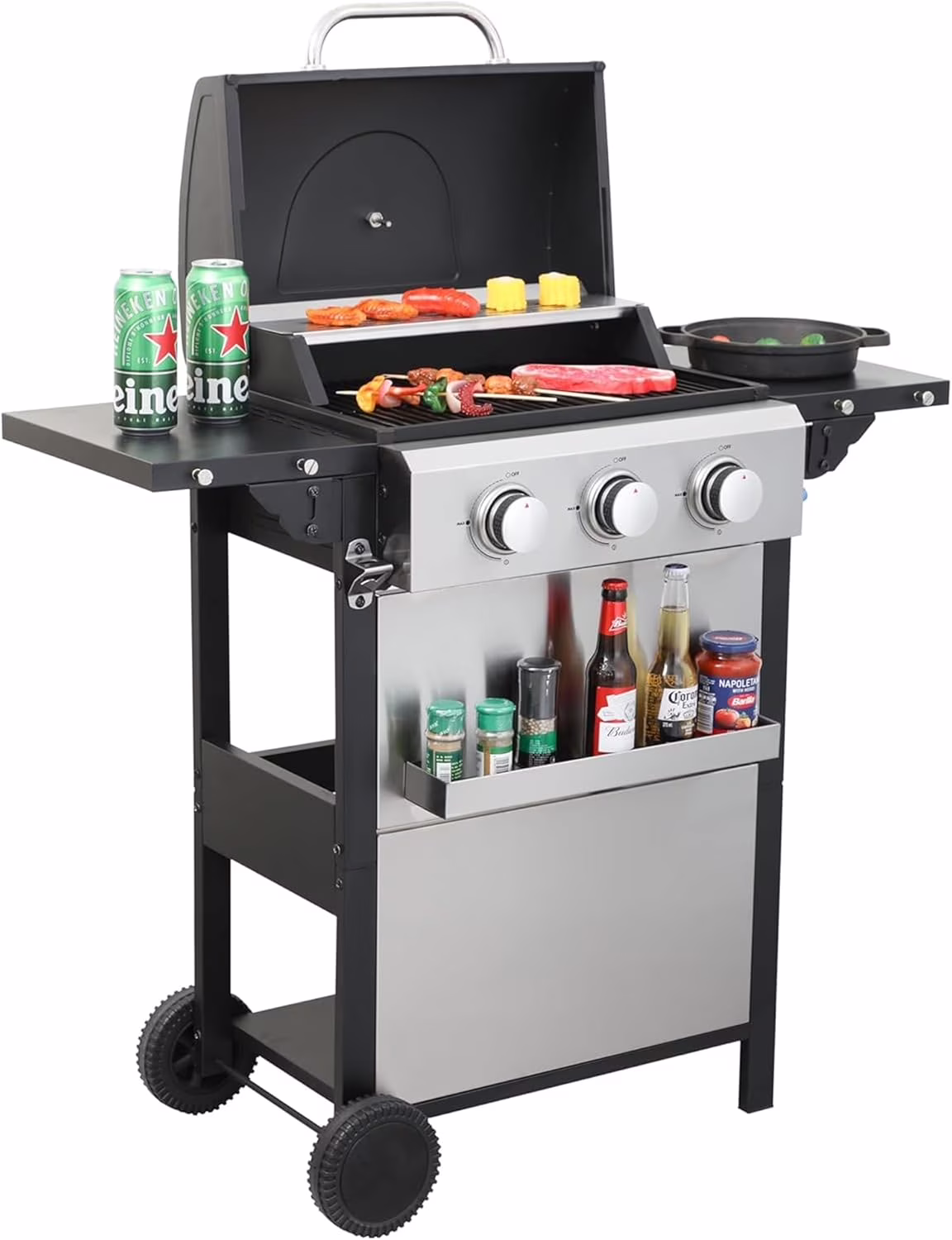 3-Burner Propane Gas BBQ Grill with Thermometer Wire Enamel Cooking Grids, 25,650 BTU Output Stainless Steel Grill with Foldable Side Table for Outdoor Barbecue(25650)