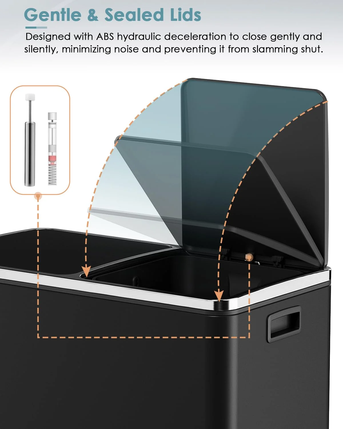 60 L/16 gal Dual Trash Can, Stainless Steel Garbage Can for Kitchen, Recycle Bin with Lid(Black) - Image 6