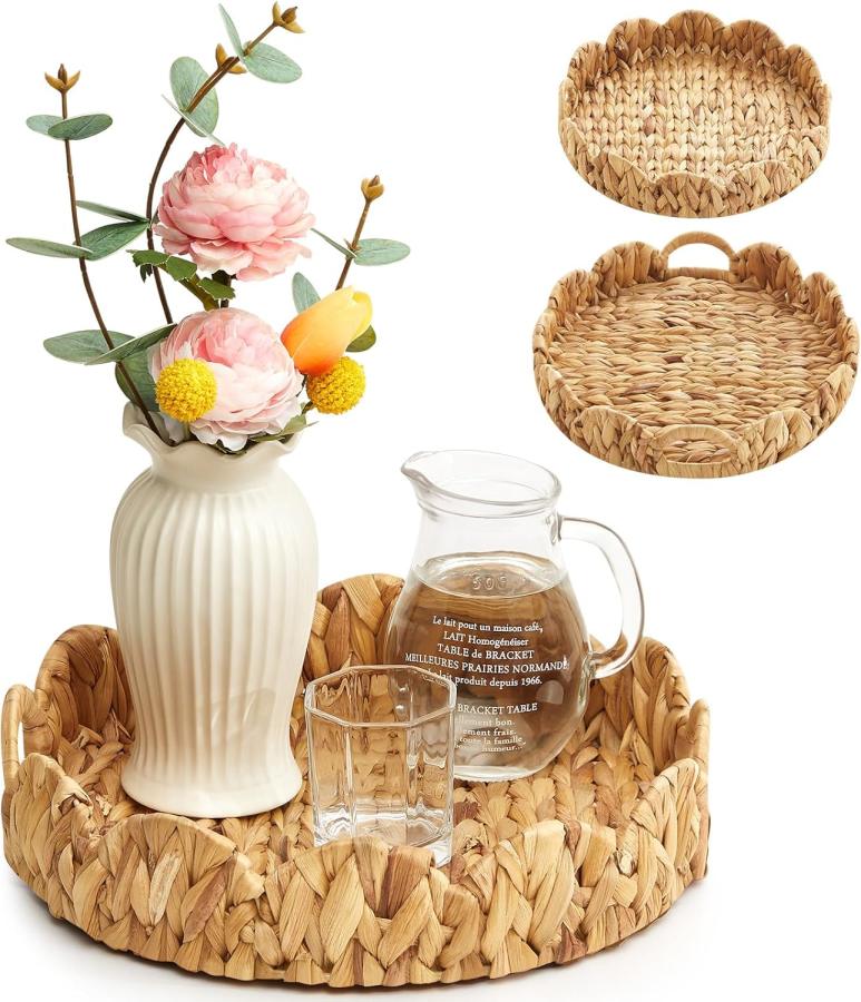 2 Pcs Round Rattan Tray 11'' And 13'' Wicker Tray Woven Serving Tray Scalloped Edge Basket Tray With Handles Seagrass Tray Weaving Open Storage