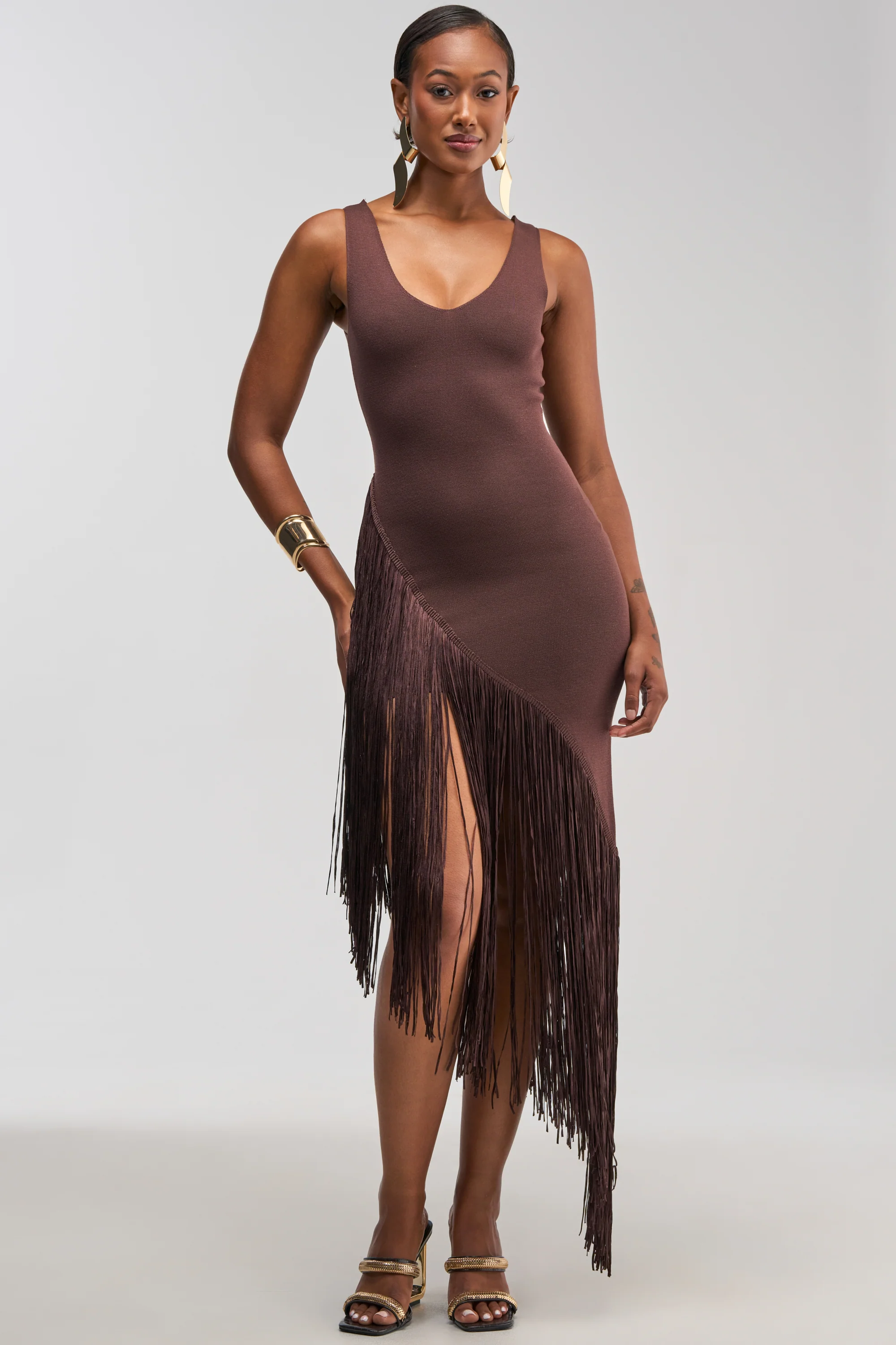 SHAKE IT FRINGE MIDI DRESS IN BROWN - Akira Store