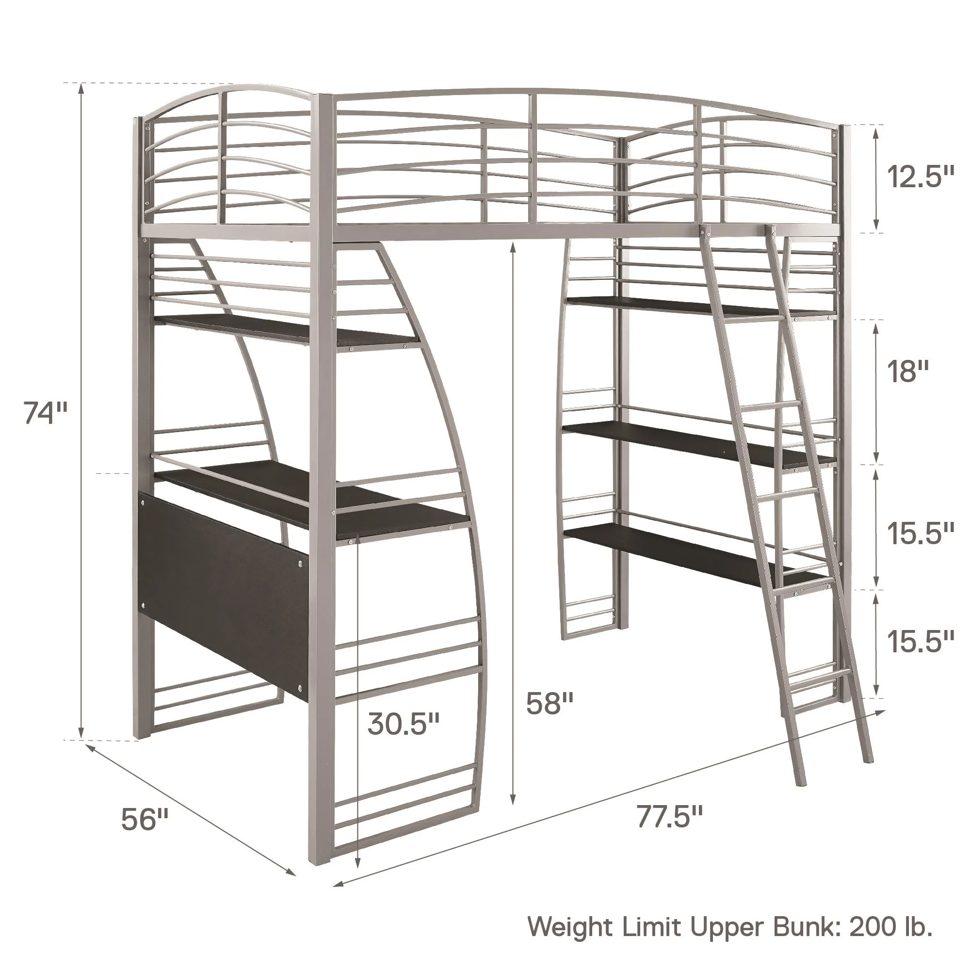 DHP Sage Studio Twin Metal Loft Bed with Integrated Desk and Shelves, Off White