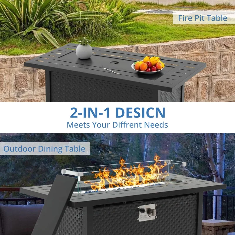 45 in Propane Fire Pit Table, 50000 BTU Gas Fire Pits Table with Lid & Lava Rock & Waterproof Cover, Outdoor Propane Firepit for Dining or Party, Outside, Patio, Garden, Yard