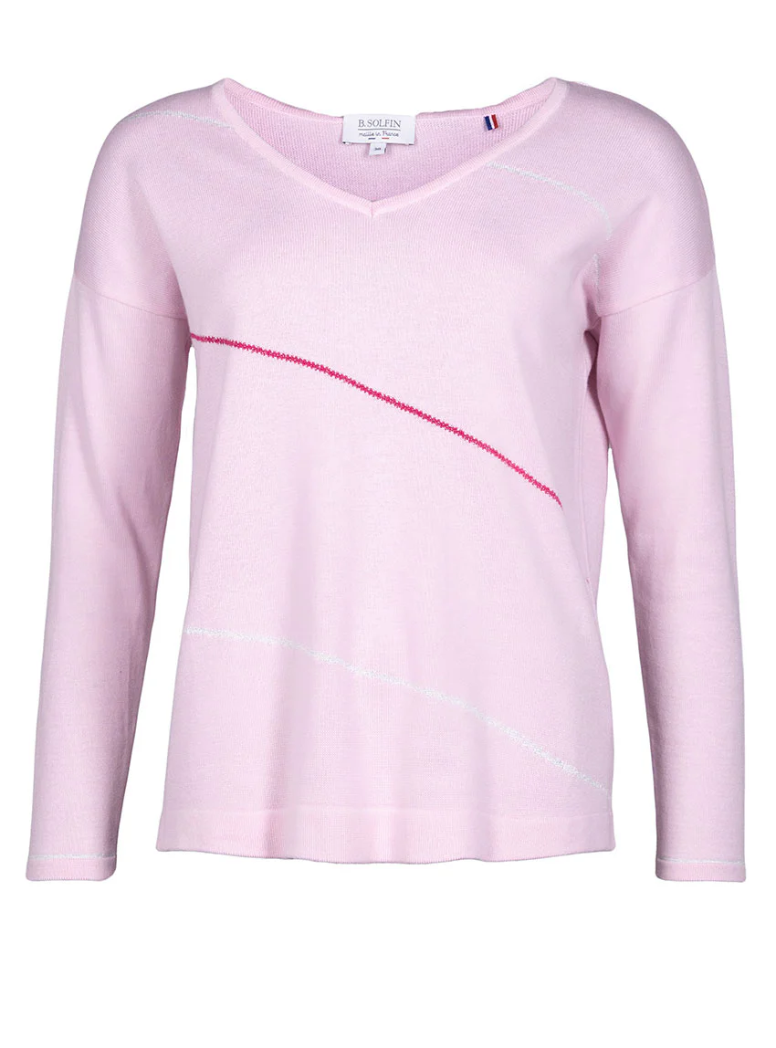 Pull femme col V en coton rose