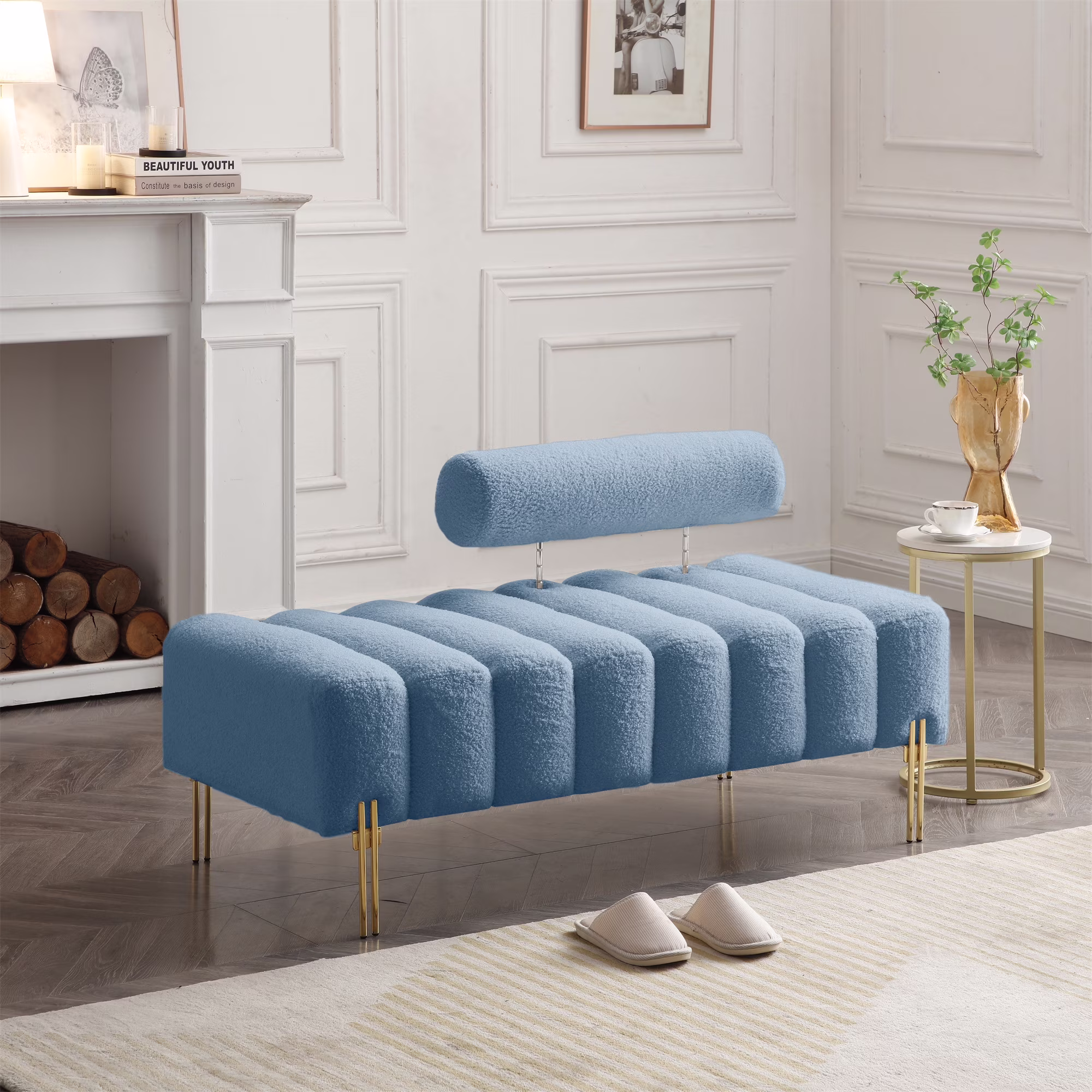 Sherpa Upholstered Indoor Bench, White(White) Image 3