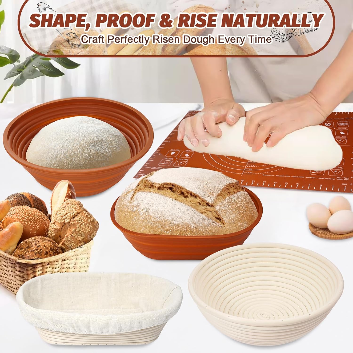 EWFEN Sourdough Starter Kit with Enamel Cast Iron Pot, Complete Sourdough Bread Baking Supplies, Round & Oval Bread Proofing Basket with 34 Oz Starter Jar, Bread Making Tools Kit