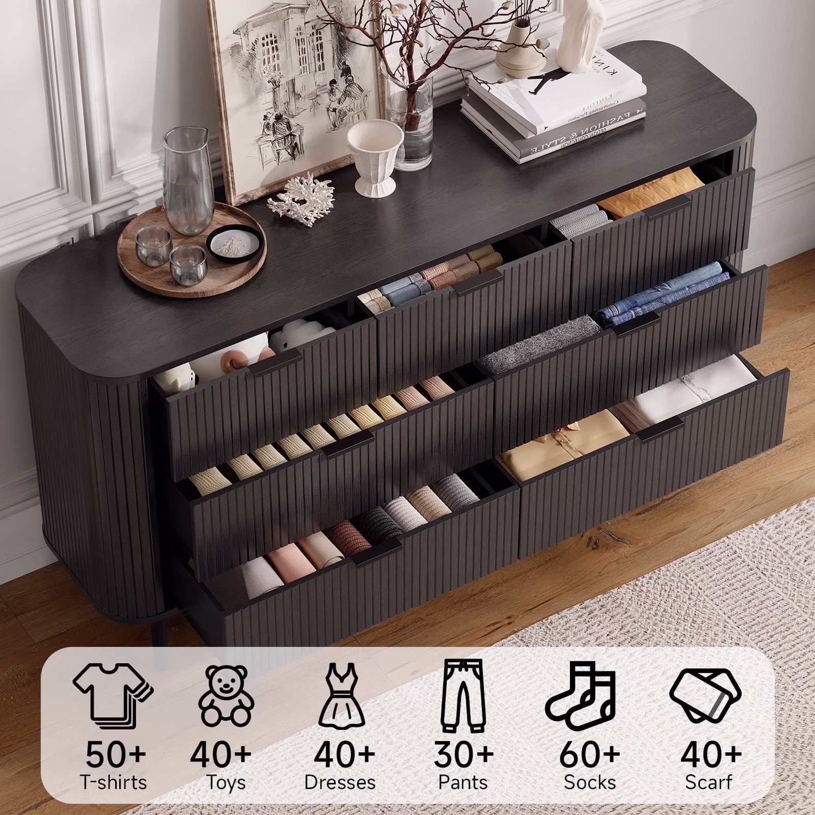 7-Drawer Fluted Dresser for Bedroom, 60 Inch Wide Modern Wood Chest with Metal Handles, Curved Profile Design Also Ideal as TV Stand for Living Room, Hallway, Black(Black)