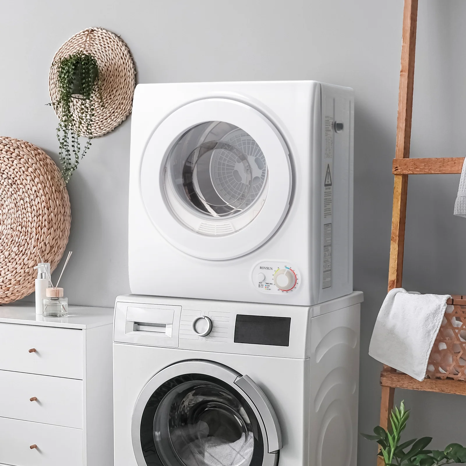 RovSun 110V White Stainless Steel Electric Tumble Dryer(Classic Knob Control)