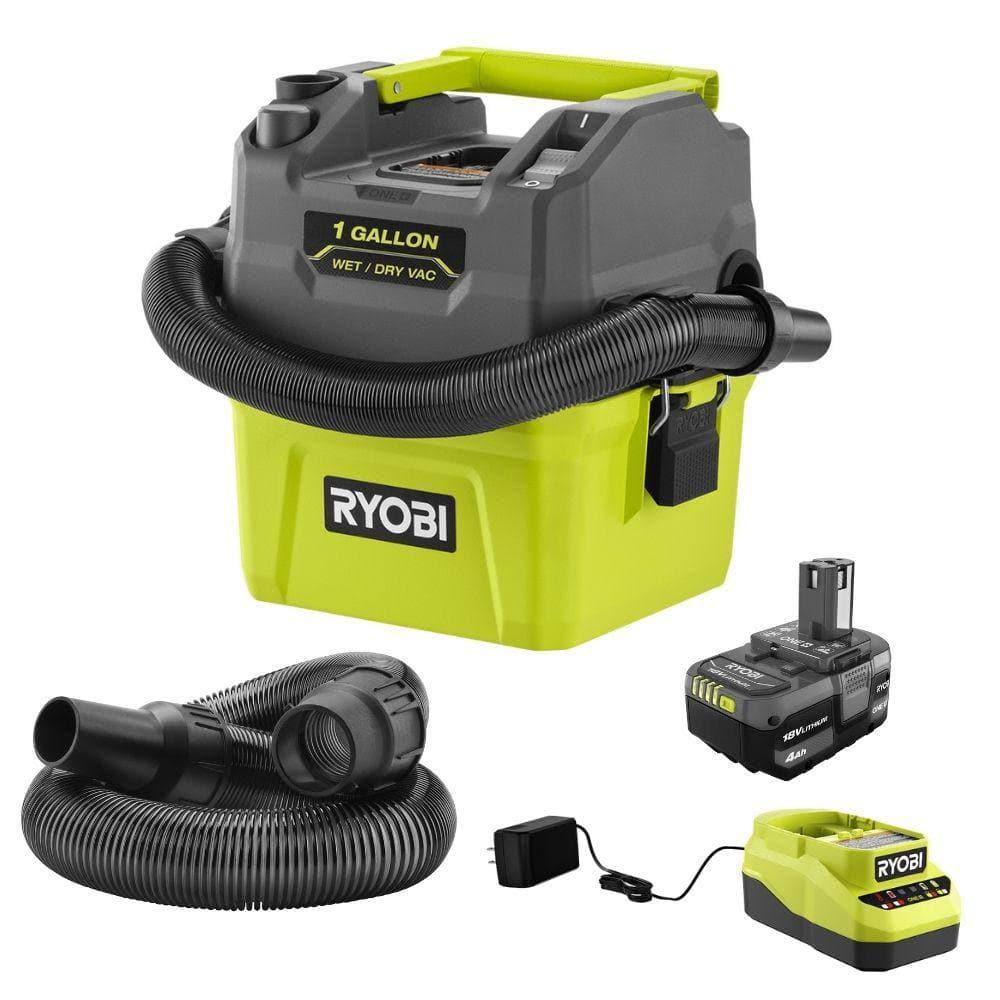 Ryobi One+ 18V Cordless 1 gal. Wet/Dry Vacuum Kit with 4.0 Ah Battery, Charger, and 6 ft. x 1-1/4 in. Replacement Hose, Greens