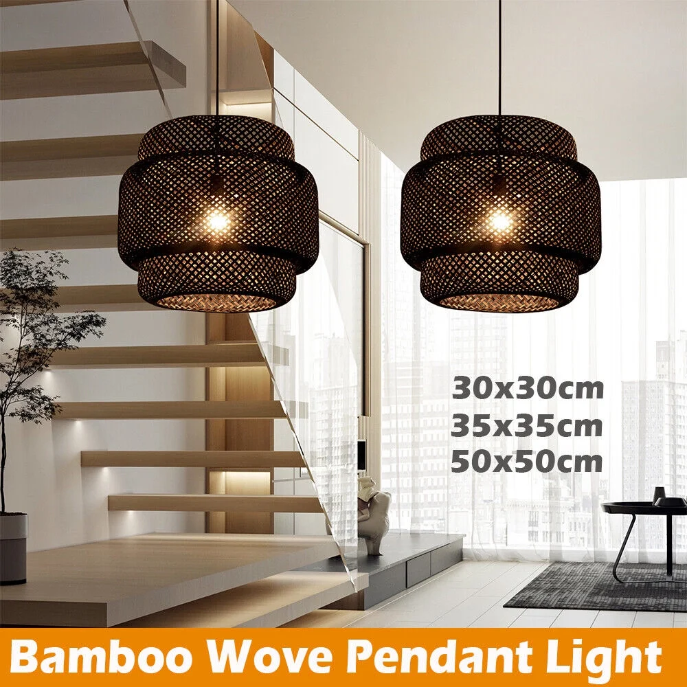 Arturesthome Vintage Chandelie Bamboo Woven Pendant Light Hanging Ceiling Lamp Decor Black
