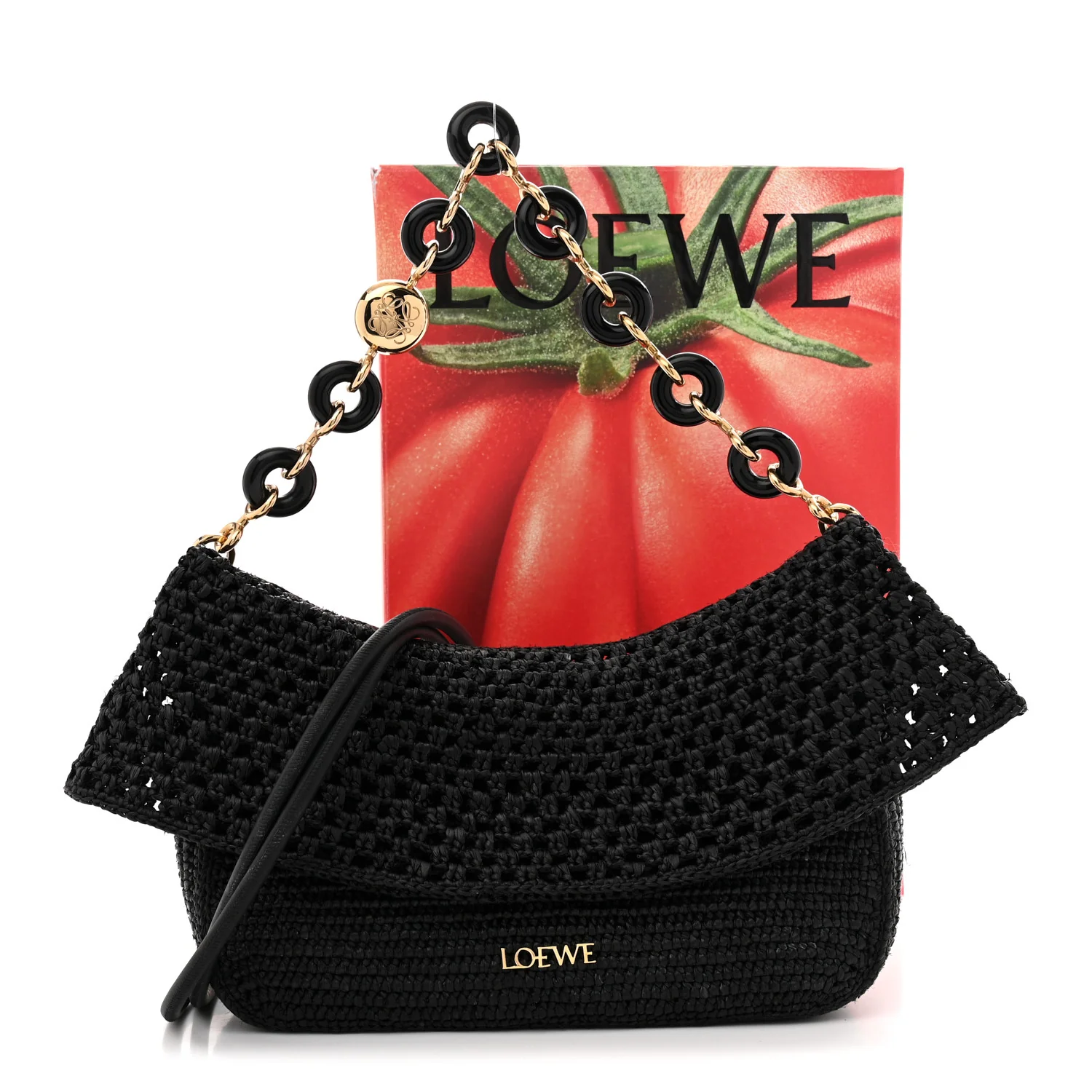 Raffia Donut Chain Medium Ola Shoulder Bag Black