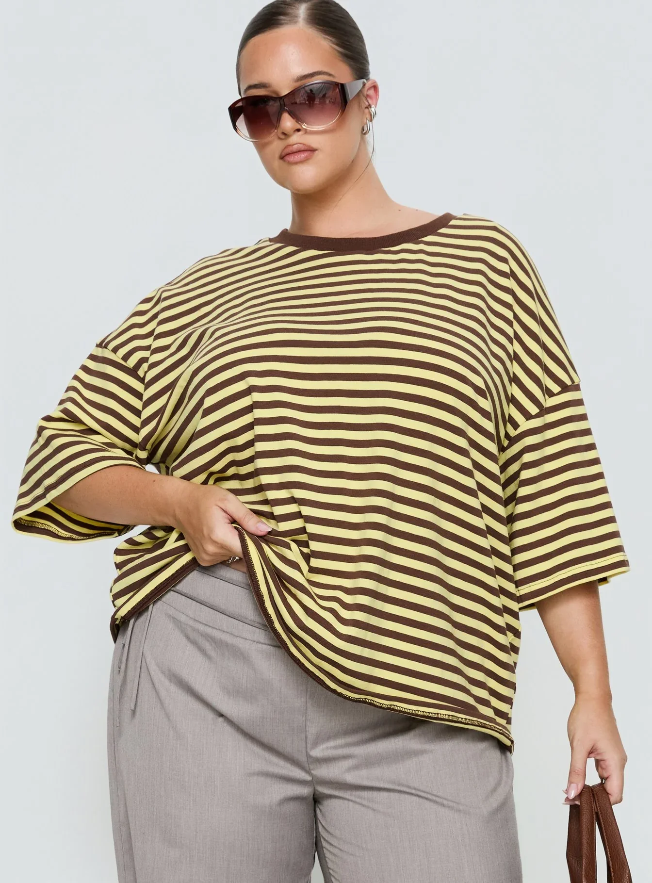Settle Down Short Sleeve Top Yellow / Brown Stripe Curve