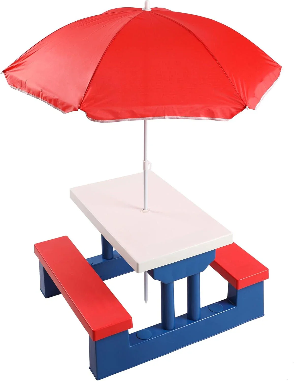 Colourtree Kids Picnic Table, Kids Outdoor Table and Chairs with Removable and Adjustable Umbrella, Kids Bench Table Indoor, Portable Toddler Picnic Table for Patio, Backyard, Garden (Navy & Red)