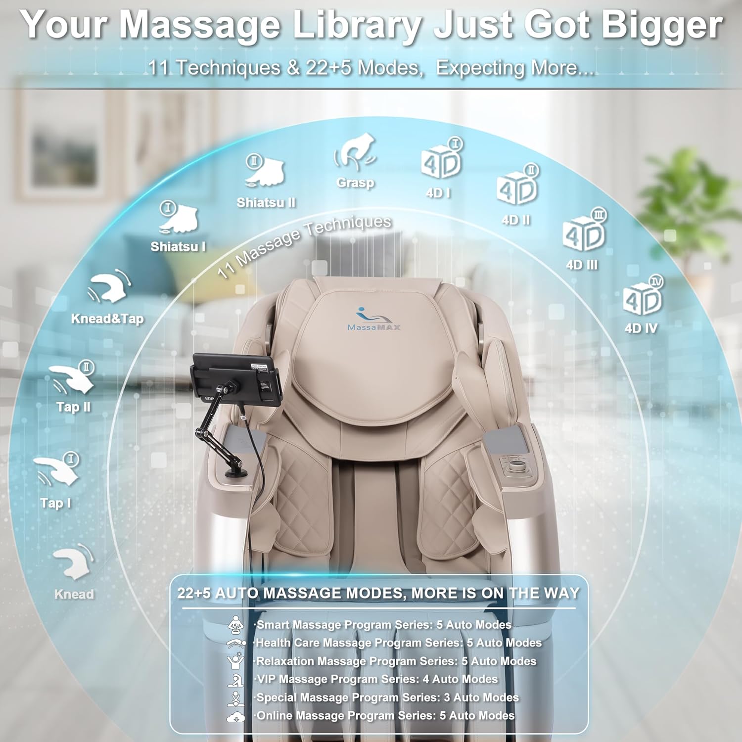 MassaMAX MT339 4D Massage Chair  Full Body Recliner with Auto Footrest  Zero Gravity  OTA Cloud Tech  SL Track  Deep Yoga Stretch  27 Modes  APP  AI Control  and Heating (Golden)