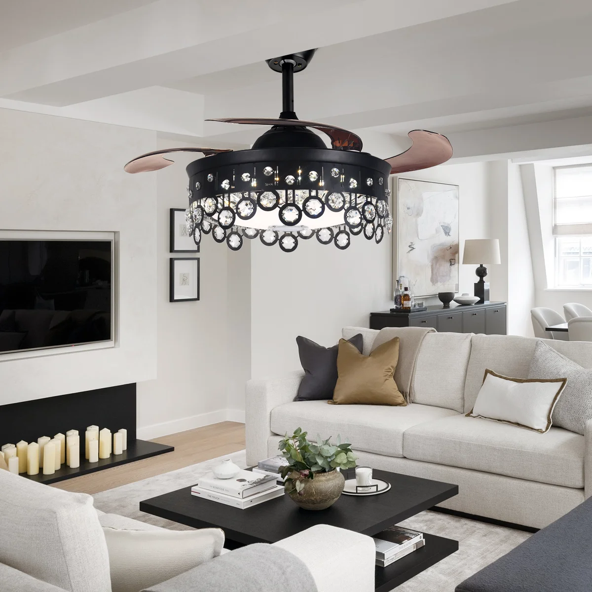 AFANQI 42" Black Modern Fandelier Ceiling Fan with Light Remote, Retractable Bluetooth Ceiling Fan with 7 Colors Silent Motor Crystal Chandelier