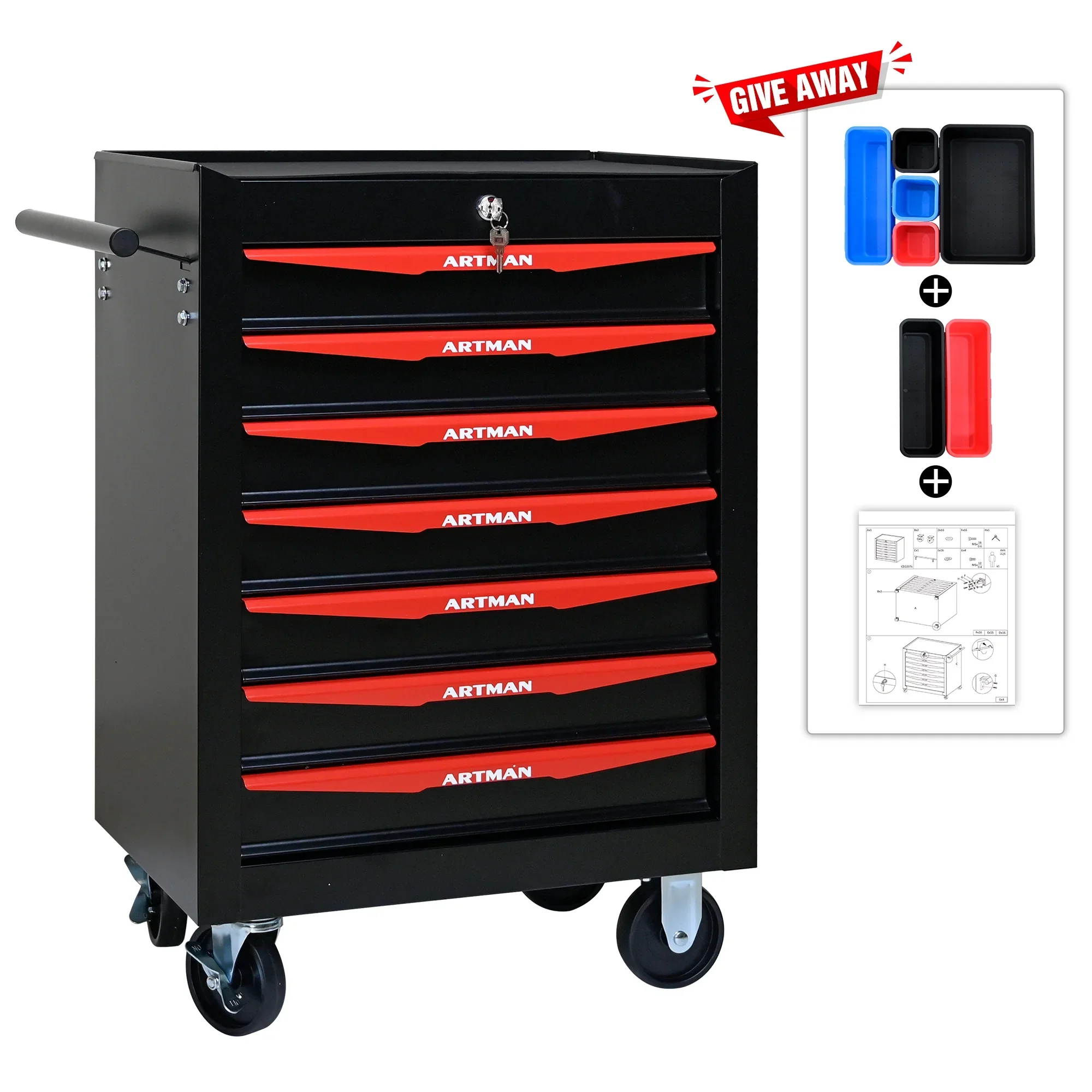 Witaxima 20 7-Drawer Rolling Metal Tool Chest, Black & Red