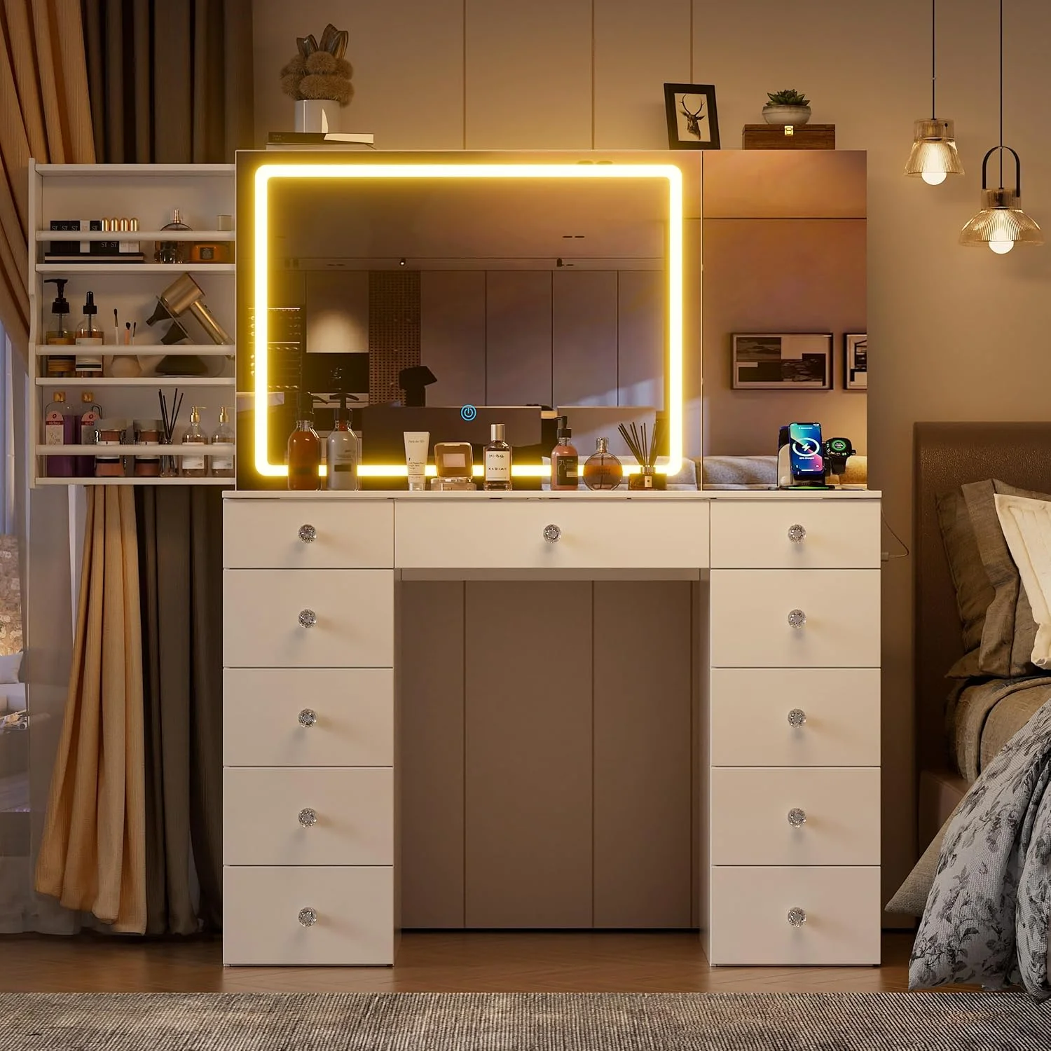 Vanity Set with Lighted Mirror, Large Vanity Desk with Charging Station, Makeup Vanity Table with 11 Drawers Hidden Sliding Storage Cabinet Visible Glass Tabletop for Bedroom (White)(Pink) - Image 10