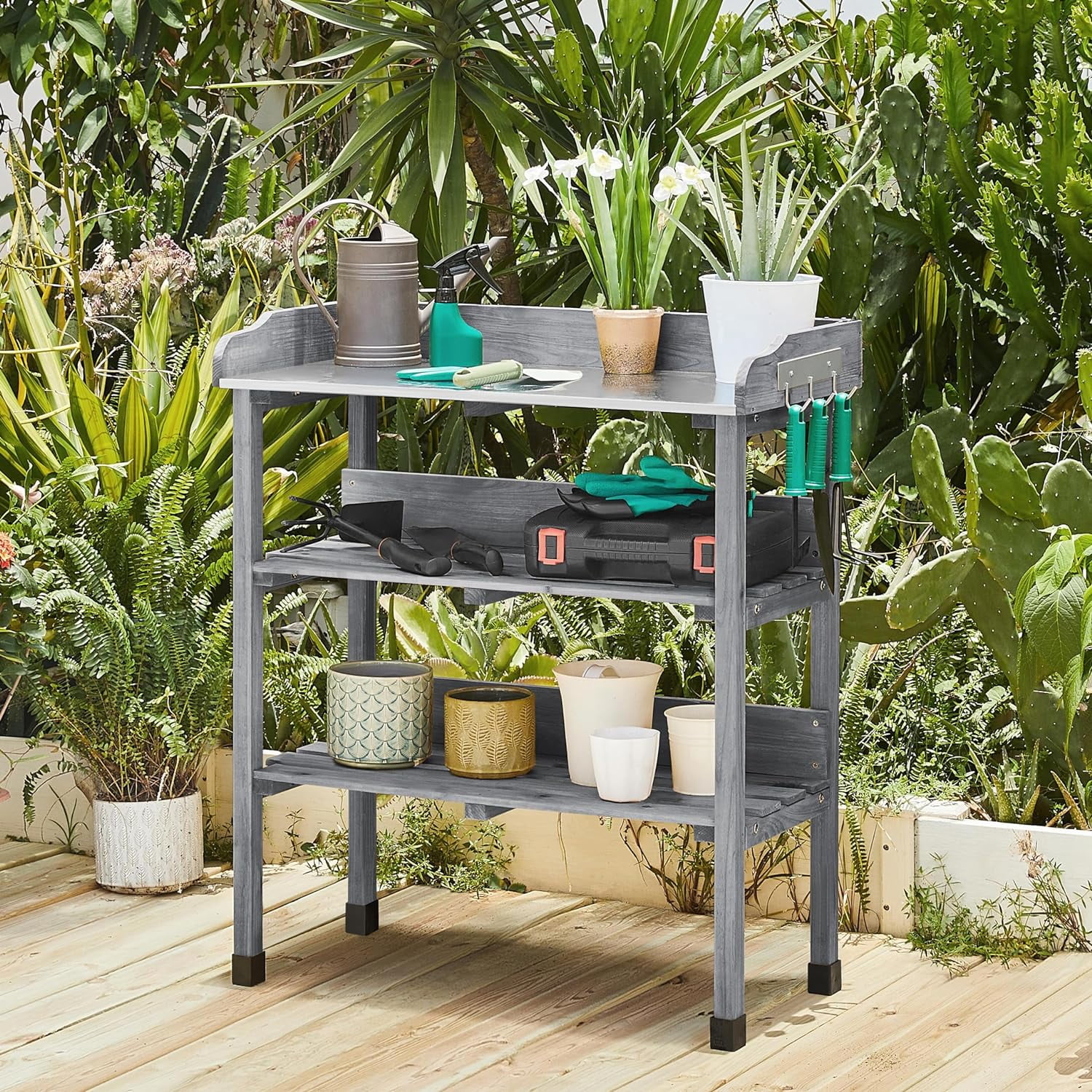 Garden Potting Table Horticulture Potting Bench w/Storage Shelf W/Metal Tabletop w/Hook 3 Shelves Workstation Work Benches Station, Gray - Image 4