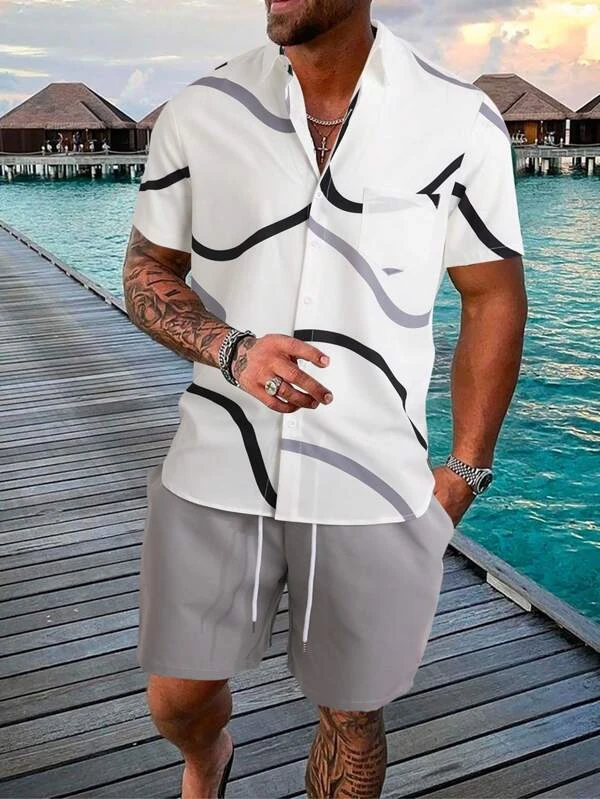 Ensemble chemise à manches courtes à imprimé hawaïen pour homme Suitmens