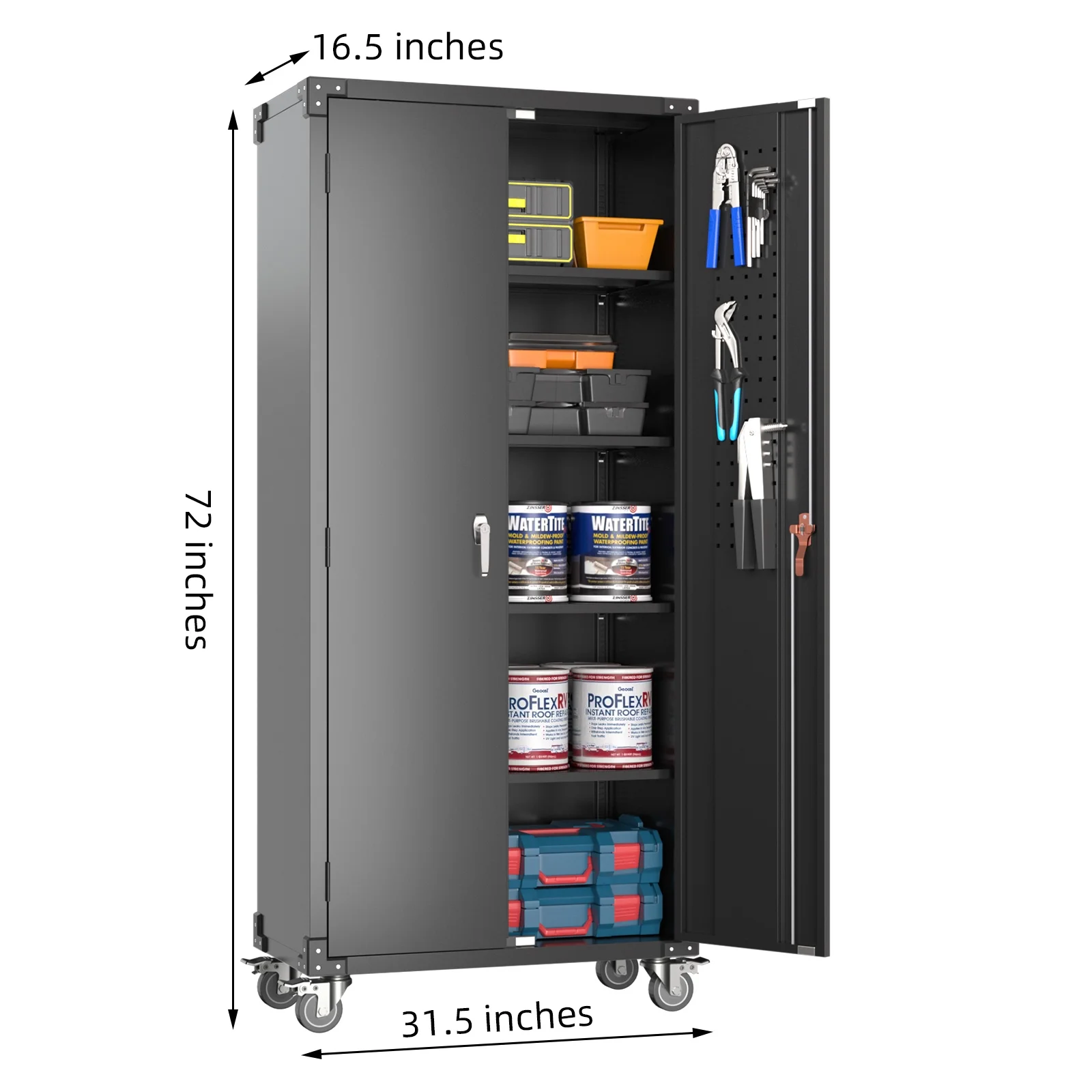 Metal Rolling Storage Cabinet, 72 inch Steel Lockable Cabinet with Multipurpose Pegboard and Adjustable Shelves, Tall Tool Cabinet for Office, Home, Storage, Assembly Required(Black)(72'' Black Cabinet with Pegboard) - Image 5
