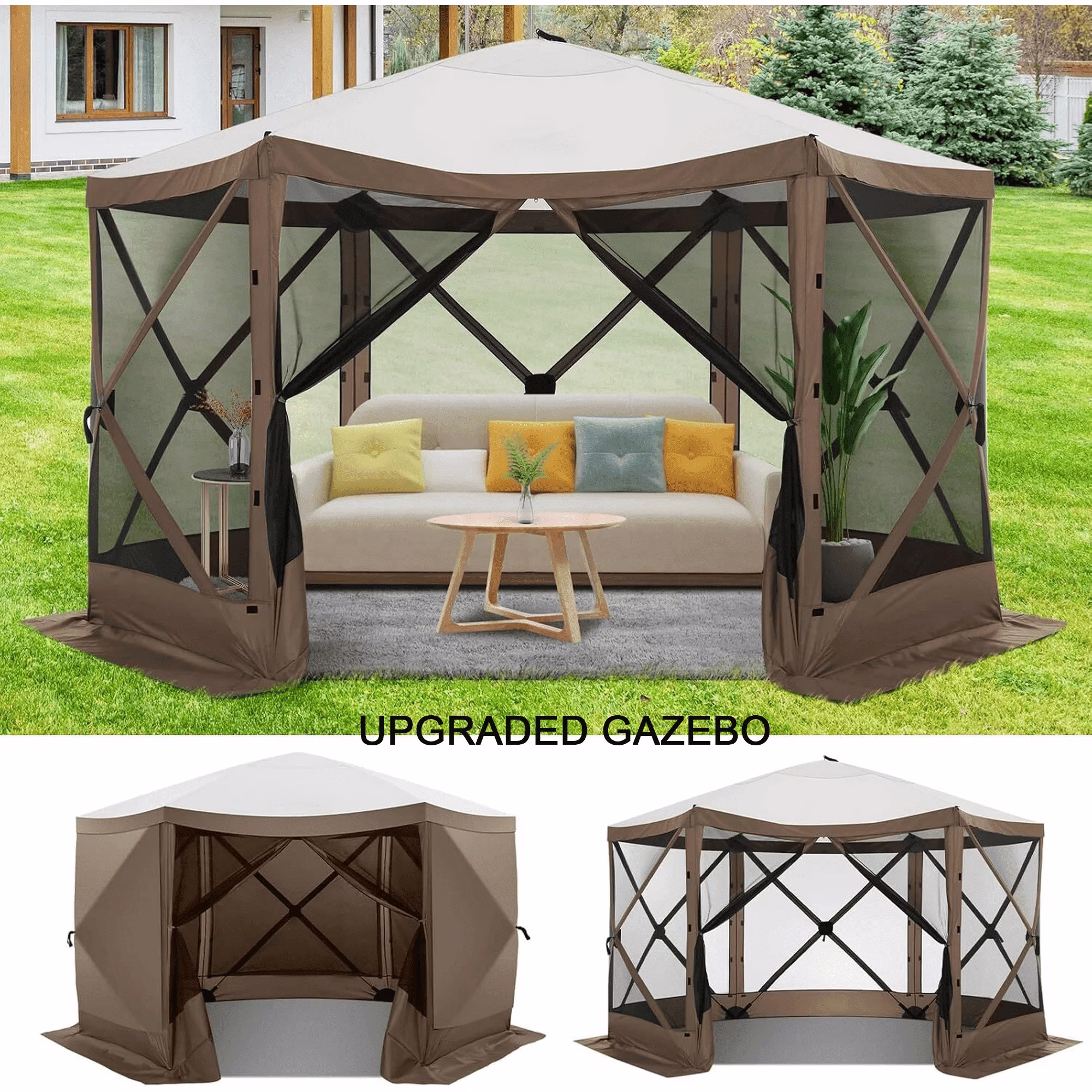COBIZI 12x12 Pop up Canopy Gazebo, Outdoor Canopy Tent Screen House with 5 Sidewalls and Netting for Camping, Waterproof, UV Resistant, Ez Set - up Party Tent with Carrying Bag and Ground Stakes, Brown