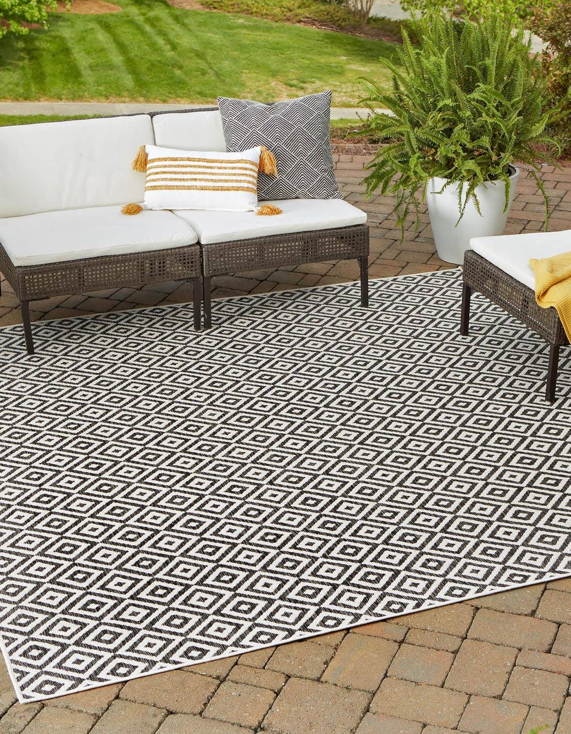 Unique Loom Jill Zarin Outdoor 10 ft Square Black Bohemian, Geometric Area Rug Indoor Outdoor Rug