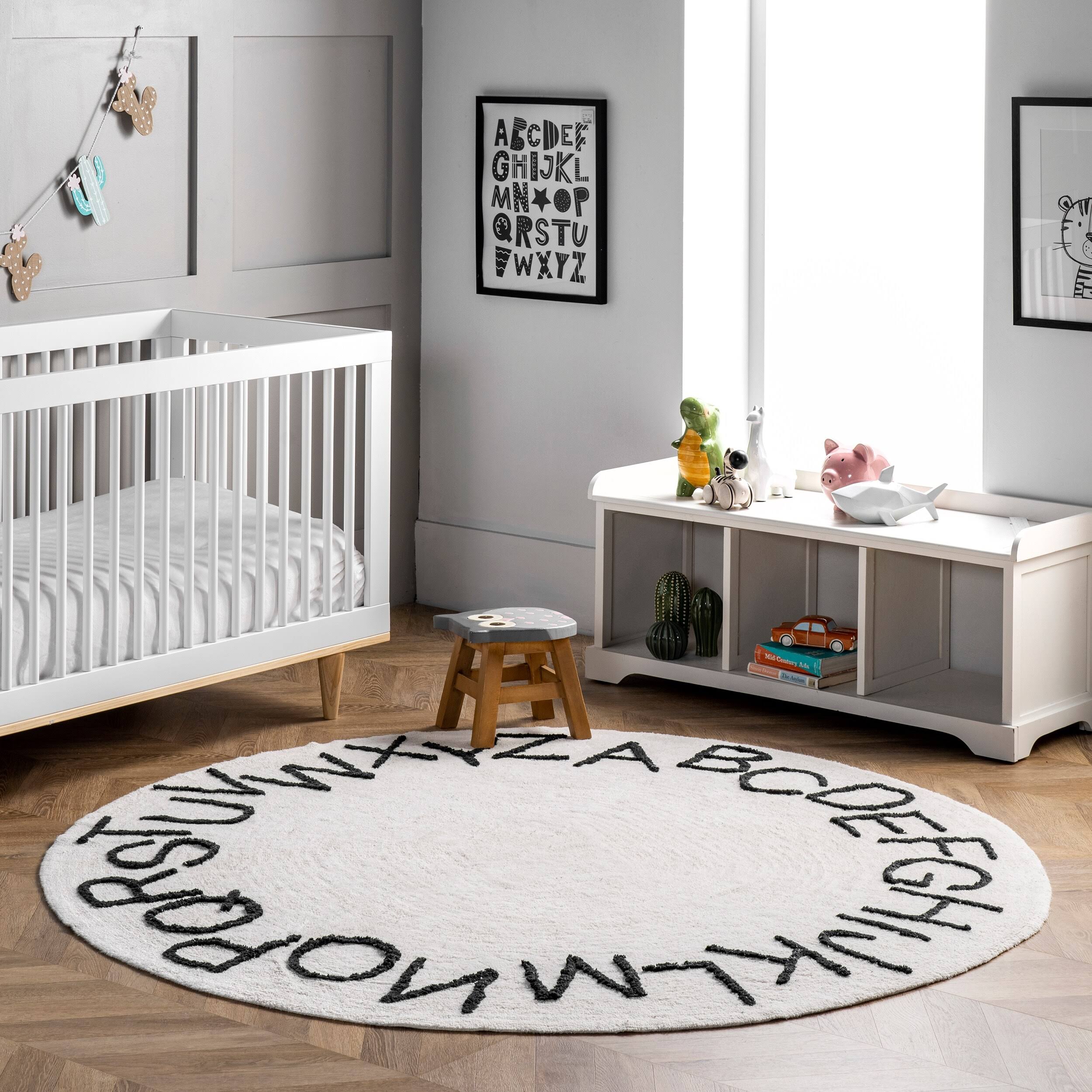 nuLOOM Kids Washable Round Alphabet Rug, 4' Round, Ivory