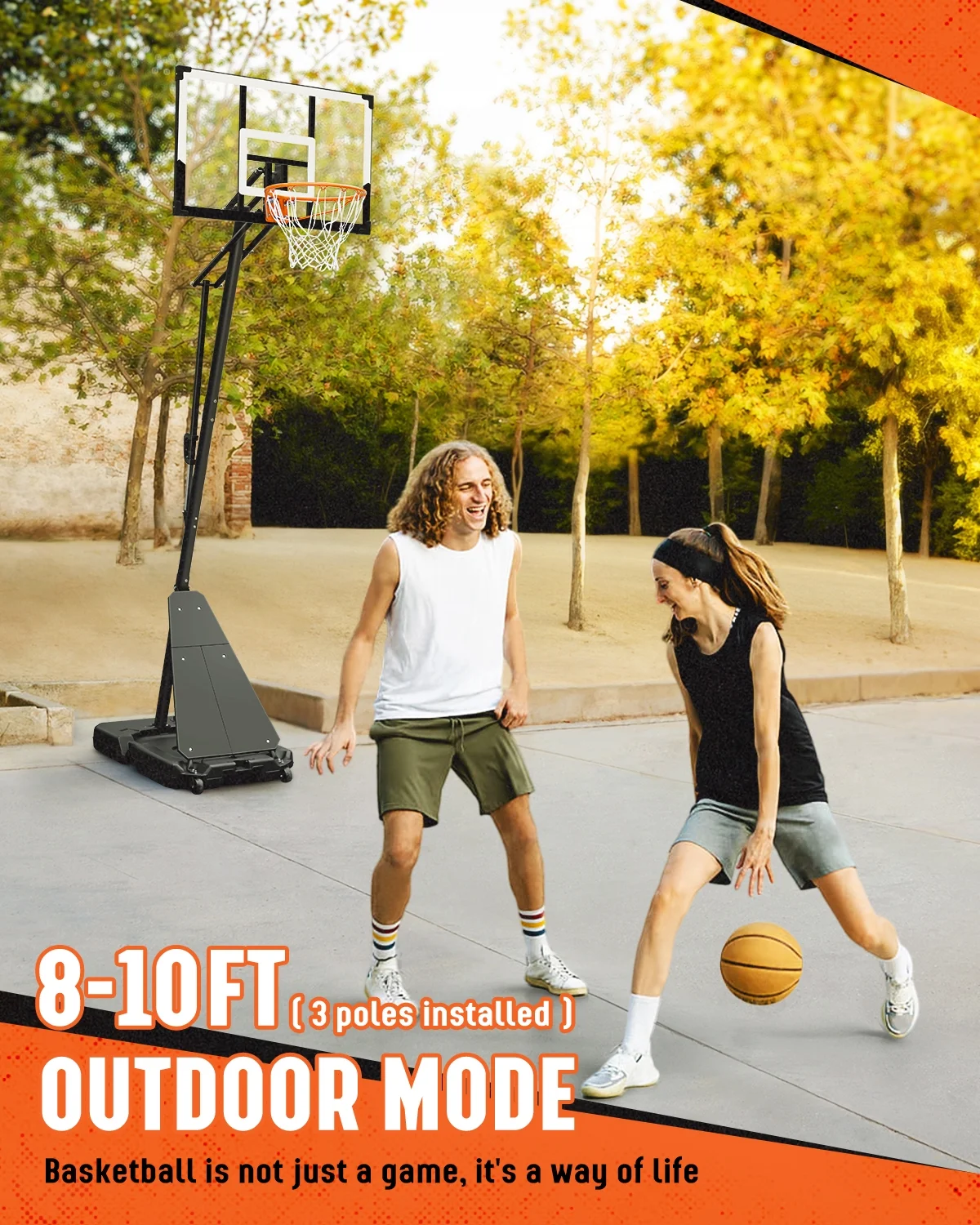 Basketball Hoop with 4 8 10 feet Height Adjustable for Kids/Adults, Portable Basketball Goal with 44 inch Backboard and 2 Wheels for Outdoor/Indoor Sports(Black) Image 4