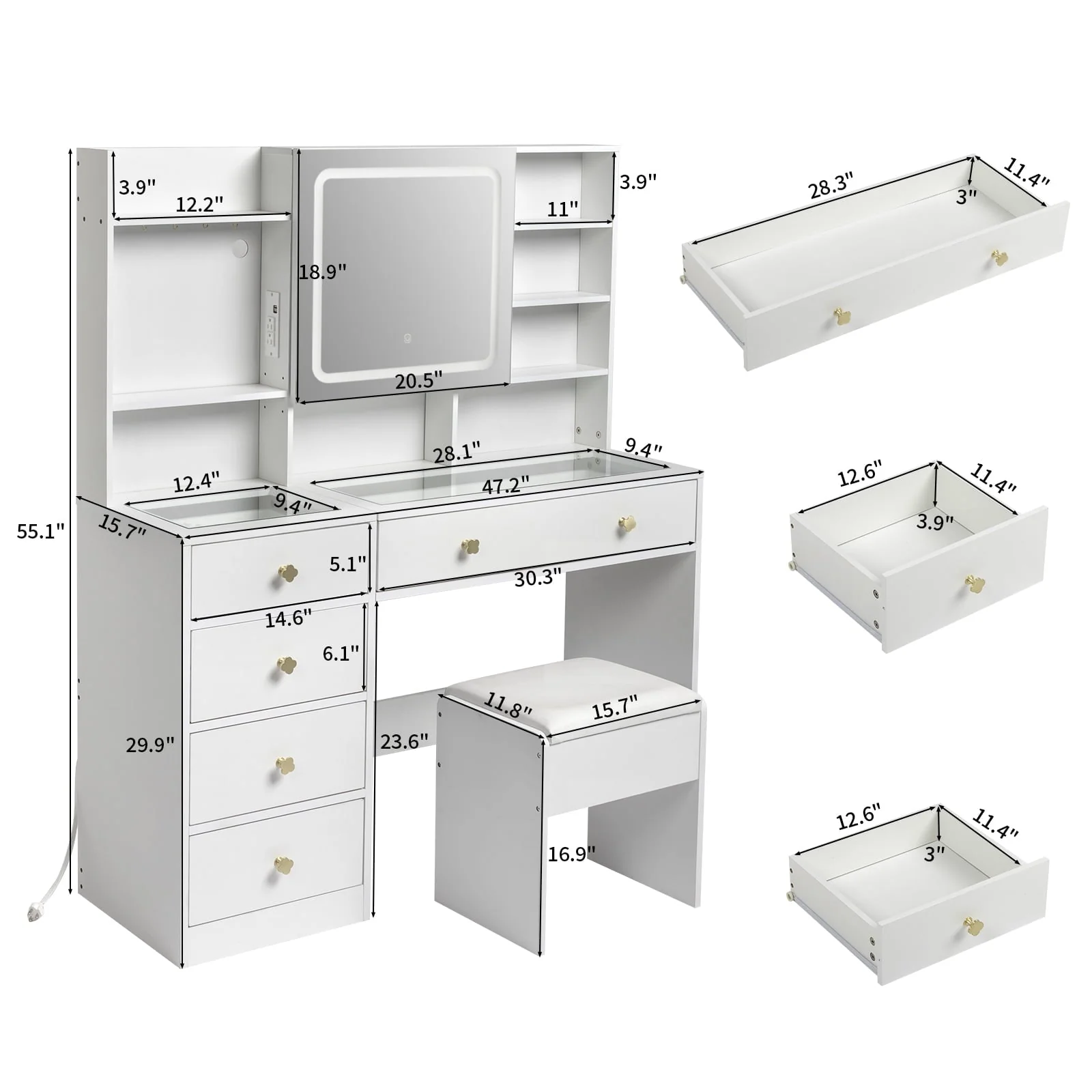 Ktaxon Makeup Vanity with 3 Color Lights, Vanity Desk with USB Charging Station, Vanity Makeup Table with Visible Drawers, Hidden and Open Storage Shelves, White Image 7