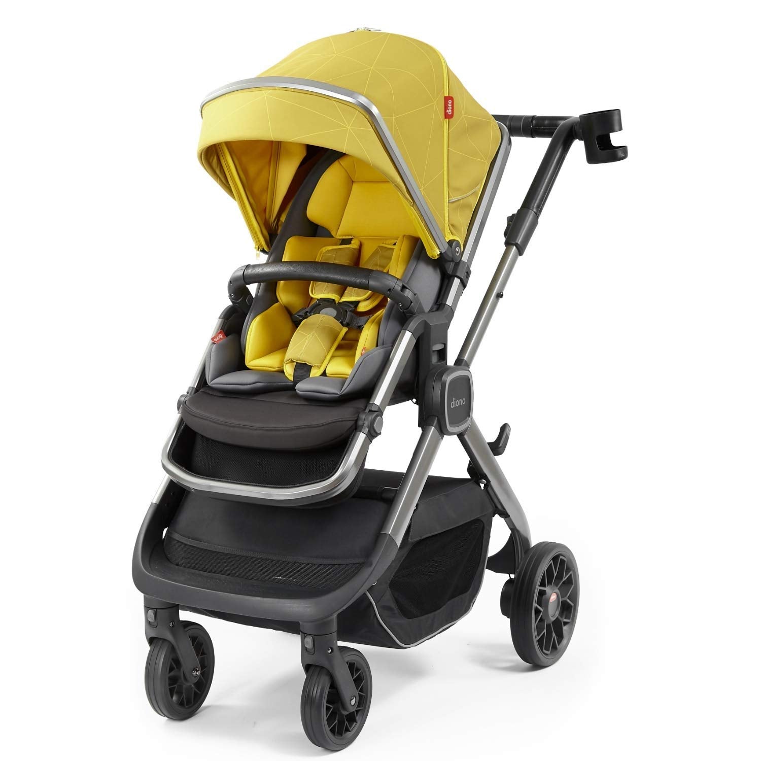 Poussette multifonctions 3 en 1 Diono Quantum2 pour bébé, nourrisson et jeune enfant, compatible avec siège auto, adaptateurs inclus, pliage compact, panier de rangement XL, jaune soufre