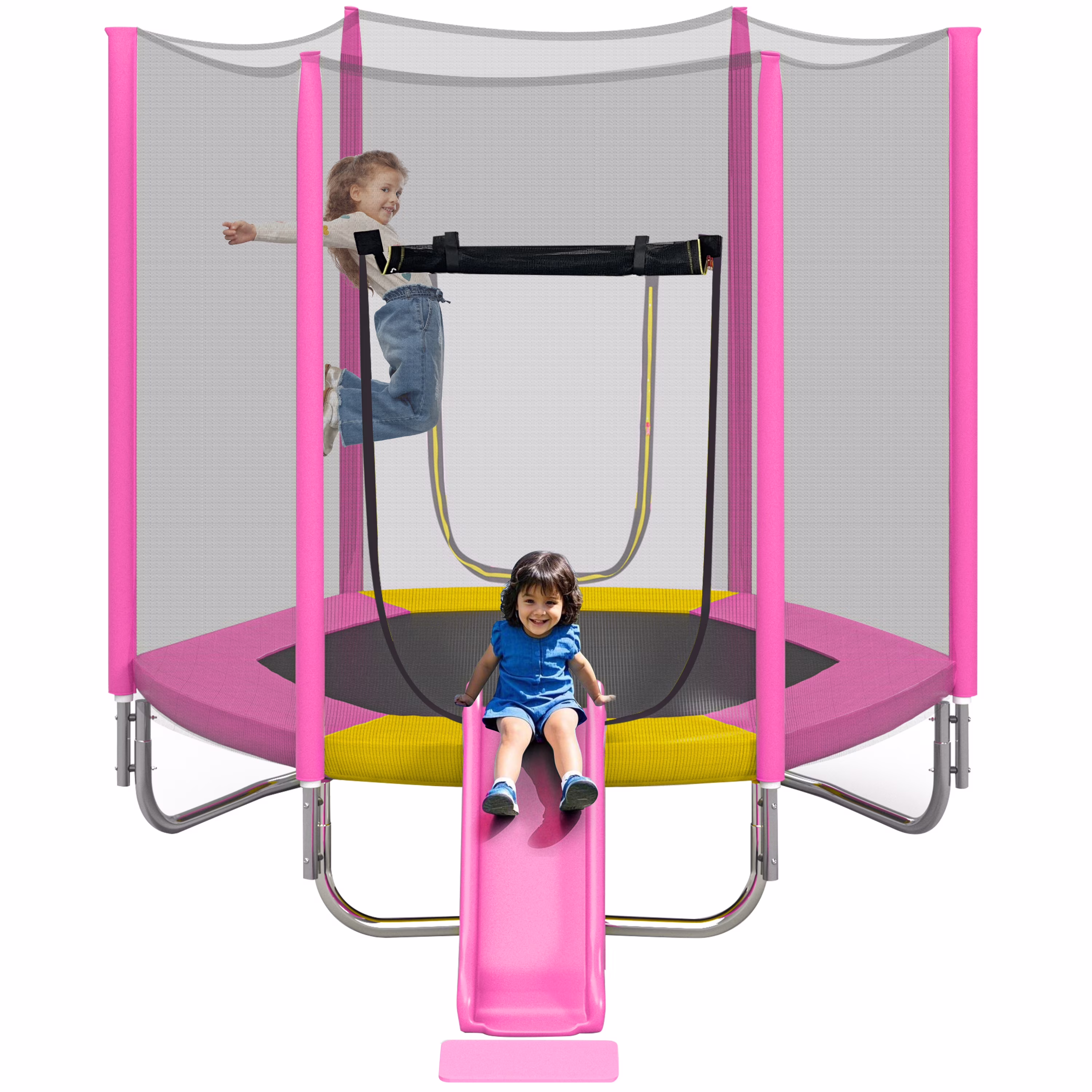 7FT Trampoline with Removable Slide, Kids Indoor Outdoor Trampoline with Enclosure Net and Ladder, Pink(Pink)