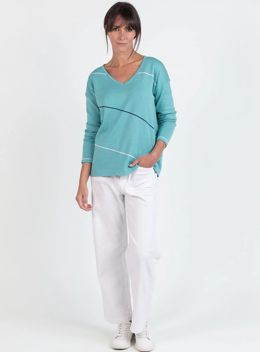 Pull femme col V en coton vert