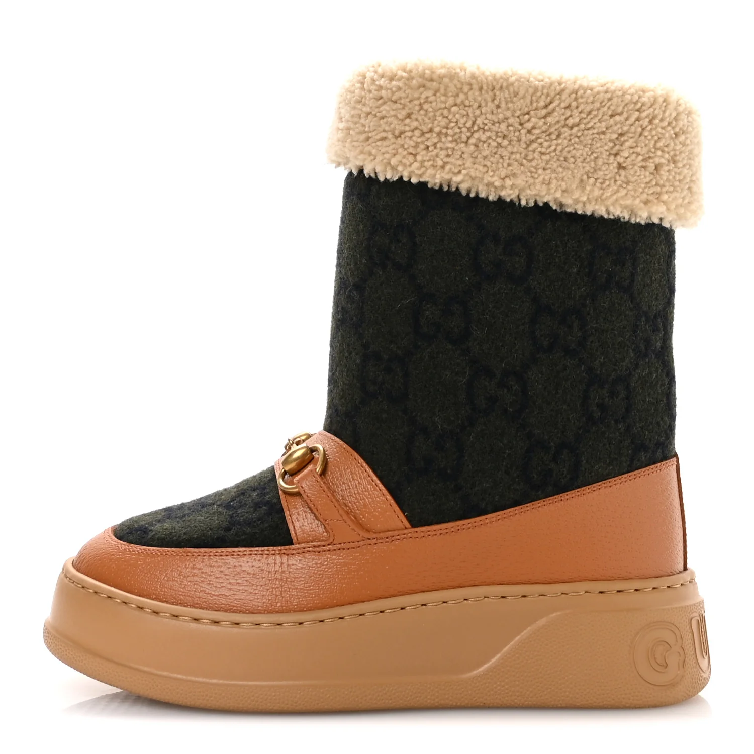 Covered Wool Monogram Textured Dollar Calfskin Shearling Horsebit Snow Boots 37 Underwood Blue Hazel Brown