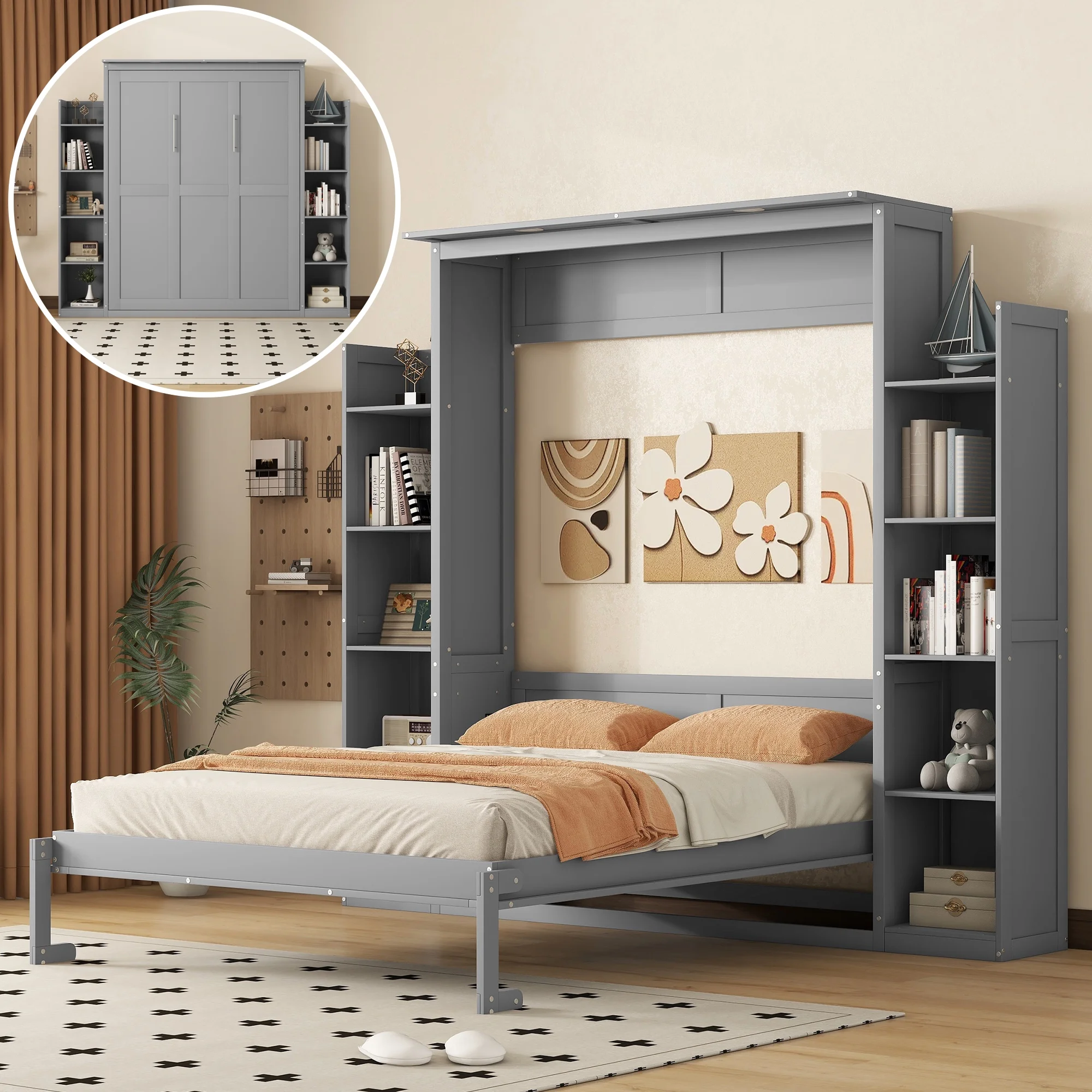 Queen Size Murphy Bed with 5-Tier Storage Shelf LED Lights, Foldable Wall Bed Cabinet with Mattress Support, Space-Saving Design for Guest Room/Home Office, Gray - Image 3