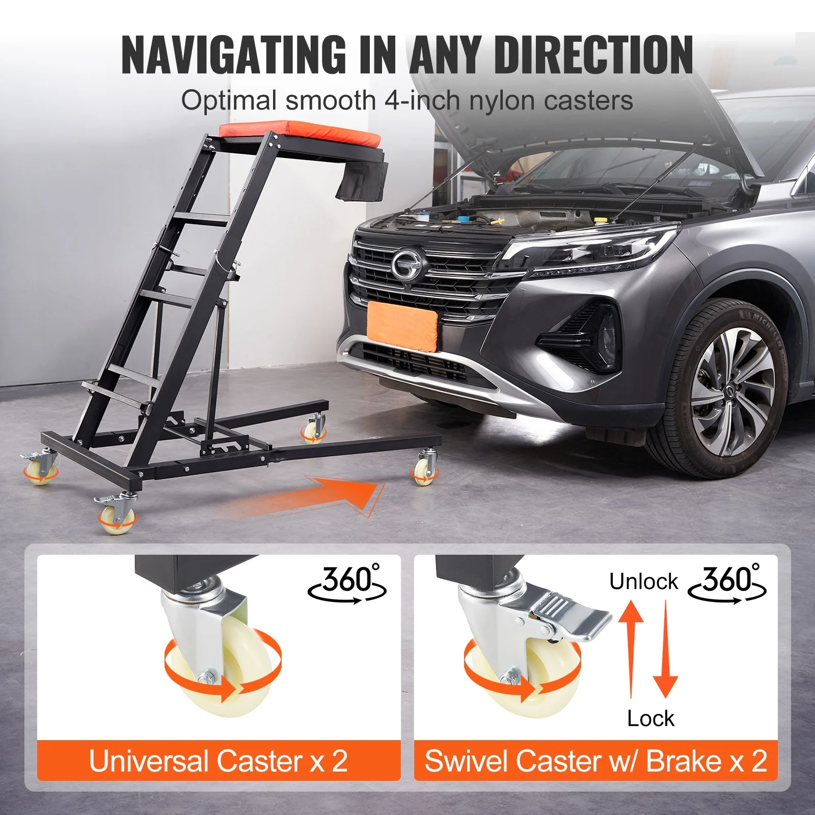 Automotive Topside Creeper, Engine Creeper 42.5"-64.8", 400 LBS Capacity High Top Creeper, 4 Swivel Caster Wheels, Padded Deck, Foldable Creeper for Home Garage, Workshop Repair Maintenance - Image 5