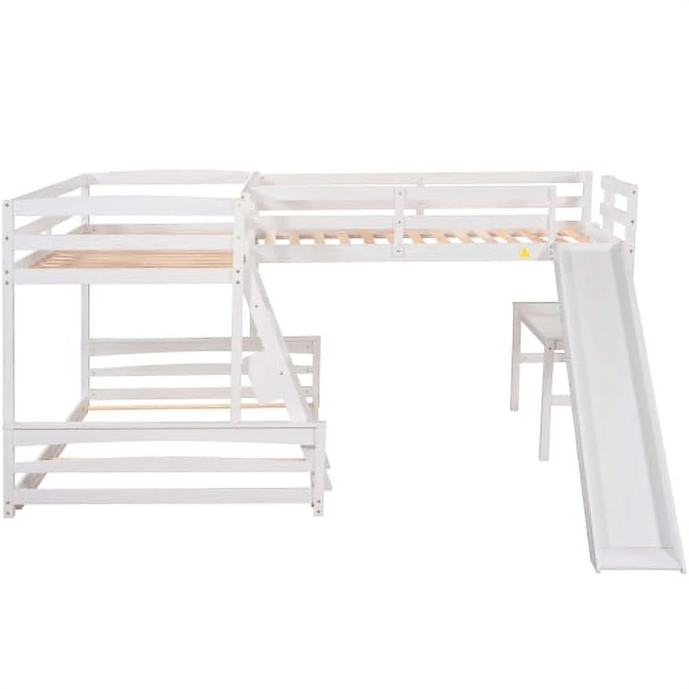 L Shaped Triple Bunk Bed for 5, Twin Over Full Bunk Bed and Twin Size Loft Bed with Built in Desk, and Slide,Full Length Guardrail, White Image 6