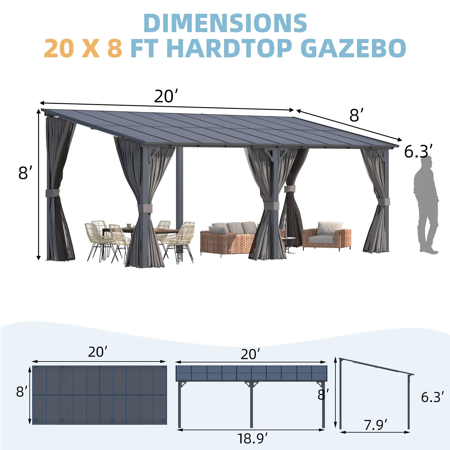 AECOJOY 20'x8' Wall Gazebo with Curtains and Mosquito Netting, Gray