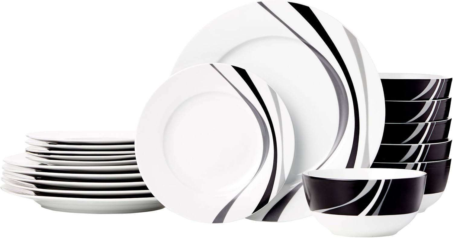 Amazon Basics 18-Piece Complete Kitchen Dinnerware Set, Microwave and Dishwasher Safe, Plates, Dishes, Bowls, Swirl Design, Heat Resistant, Service for 6, Everyday Use