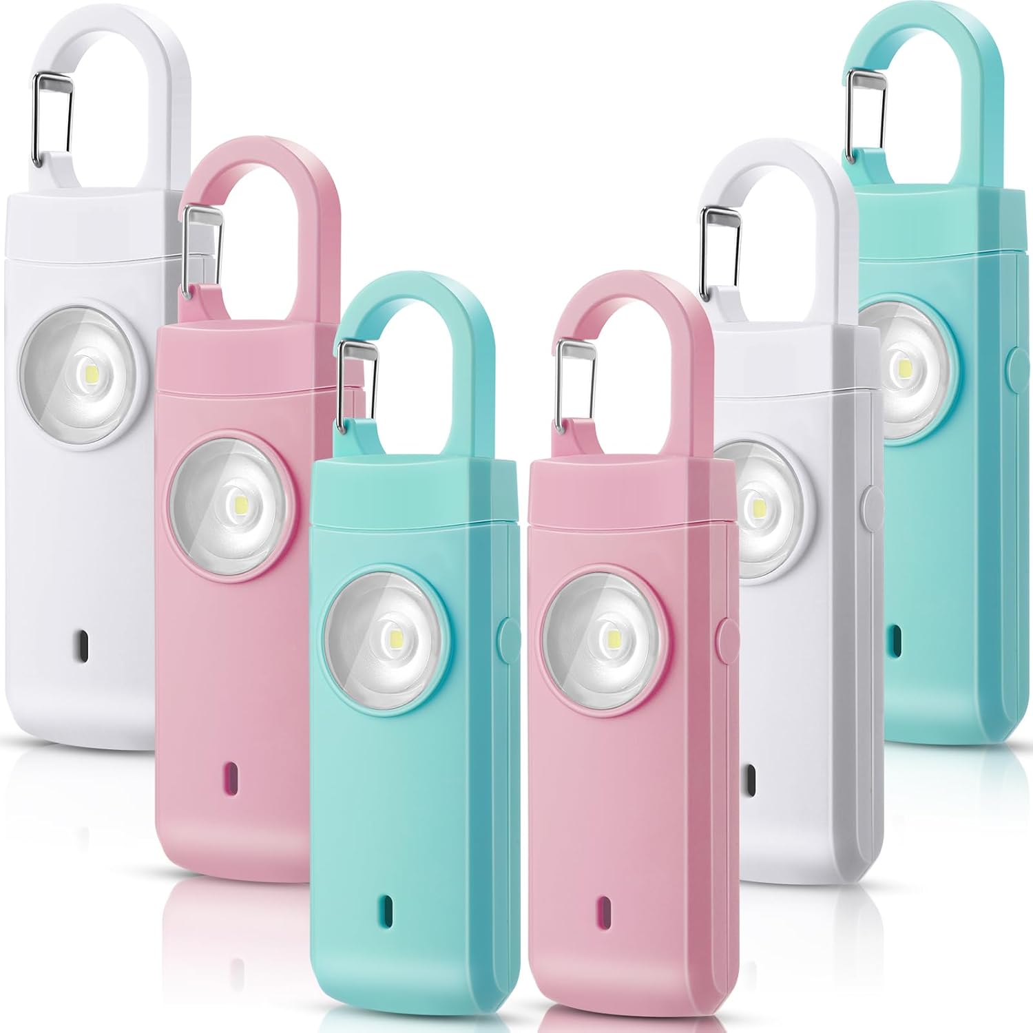 Tellegloww 6 Pcs Rechargeable Personal Safety Alarm for Women, 130db Personal Alarm Protection Keychains Loud Siren with LED Self Defense Keychain for Senior Mom Gift(White,Pink,Blue,Snap)