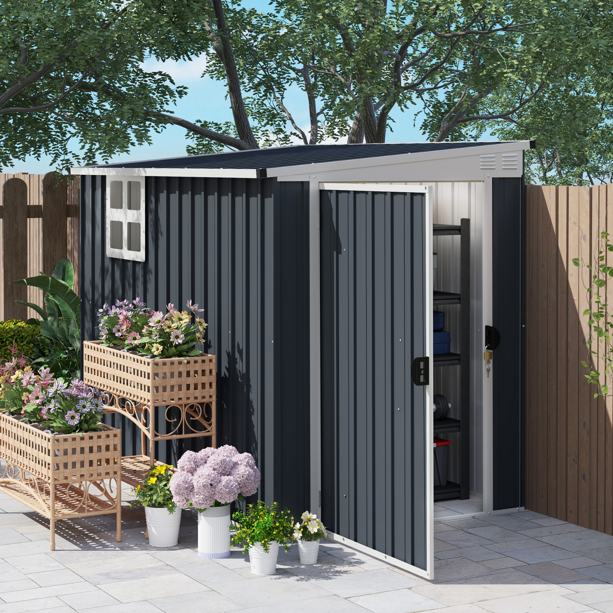 Outsunny Tuinopbergschuur, gereedschapsschuur voor tuingereedschap, venster, ventilatieopeningen, afsluitbaar, staal, donkergrijs
