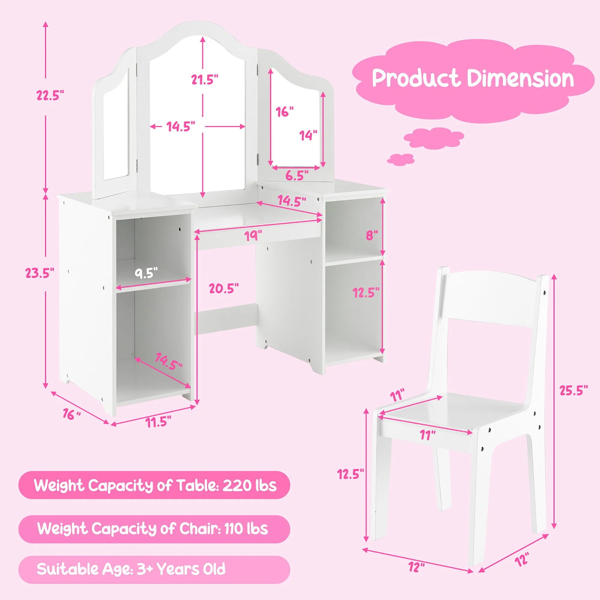 Gymax Kids Vanity 2 in 1 Princess Makeup Desk Chair Set Safe Tri fold Mirror White(Pink) Image 3