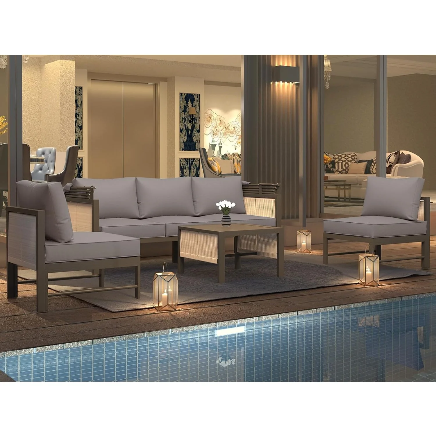 AECOJOY 4 Pieces Patio Furniture Set with Retractable Canopy &Coffee Table, Beige